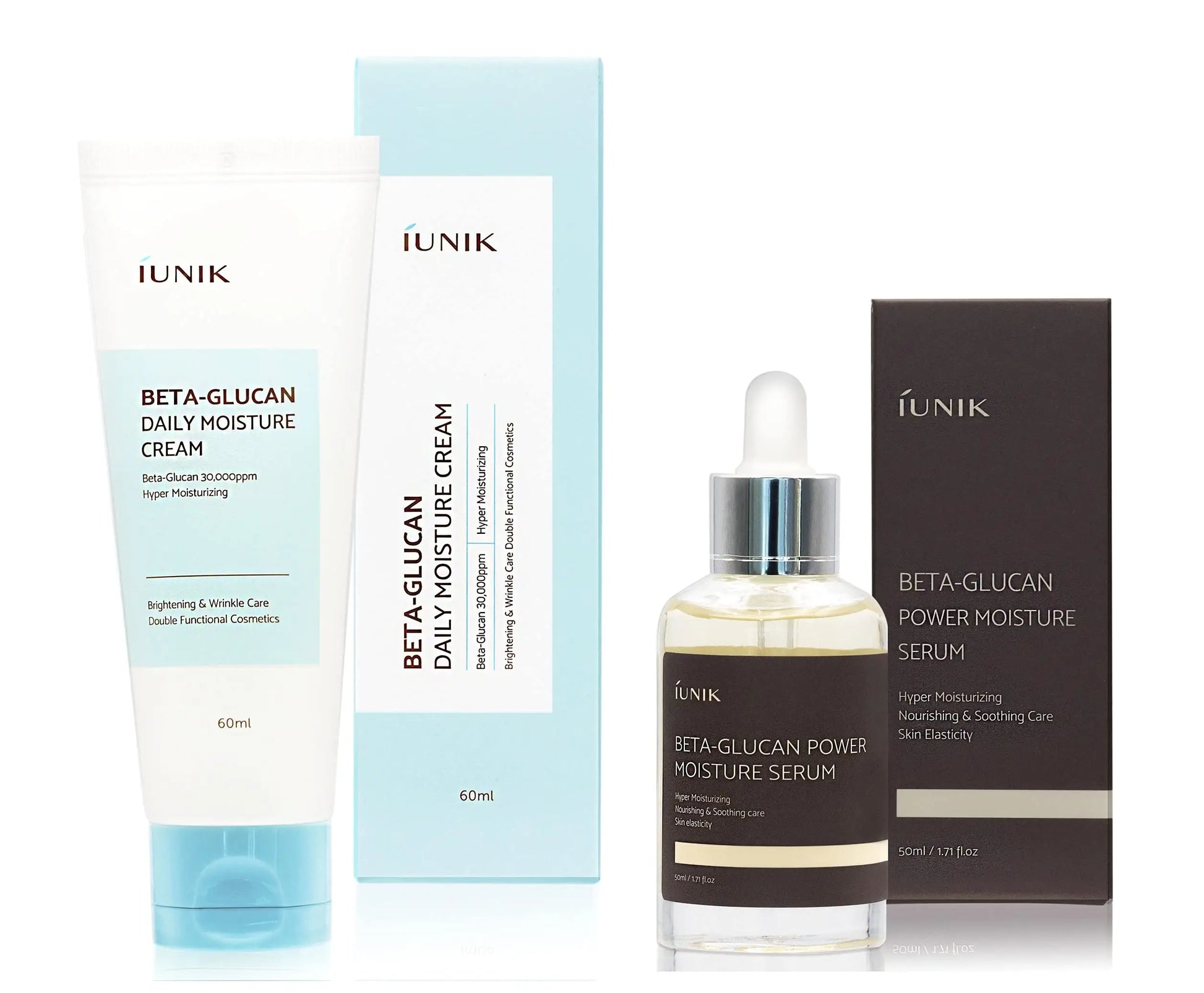 IUNIK Beta Glucan Daily Moisture Cream 60ml + iUNIK Beta Glucan Power Moisture Serum 50ml, Deep Intense Hydration, displayed with packaging for skin brightening and moisture care.