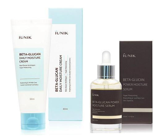 IUNIK Beta Glucan Daily Moisture Cream 60ml + iUNIK Beta Glucan Power Moisture Serum 50ml, Deep Intense Hydration, displayed with packaging for skin brightening and moisture care.
