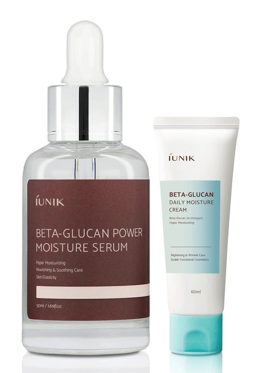 IUNIK Beta Glucan Daily Moisture Cream 60ml + iUNIK Beta Glucan Power Moisture Serum 50ml, Deep Intense Hydration set featuring moisturizing cream and serum in white and clear containers with minimalistic labels.