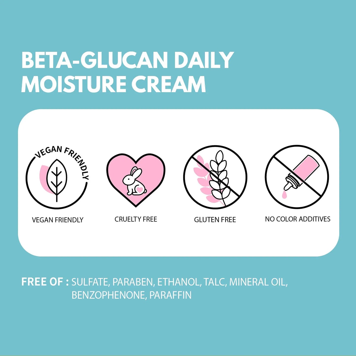 Graphic showing product benefits of iUNIK Beta Glucan Daily Moisture Cream 60ml + iUNIK Propolis Vitamin Sleeping Mask Cream, 60ml, highlighting vegan friendly, cruelty free, gluten free, no color additives, and free of sulfate, paraben, ethanol, talc, mineral oil, benzophenone, and paraffin.