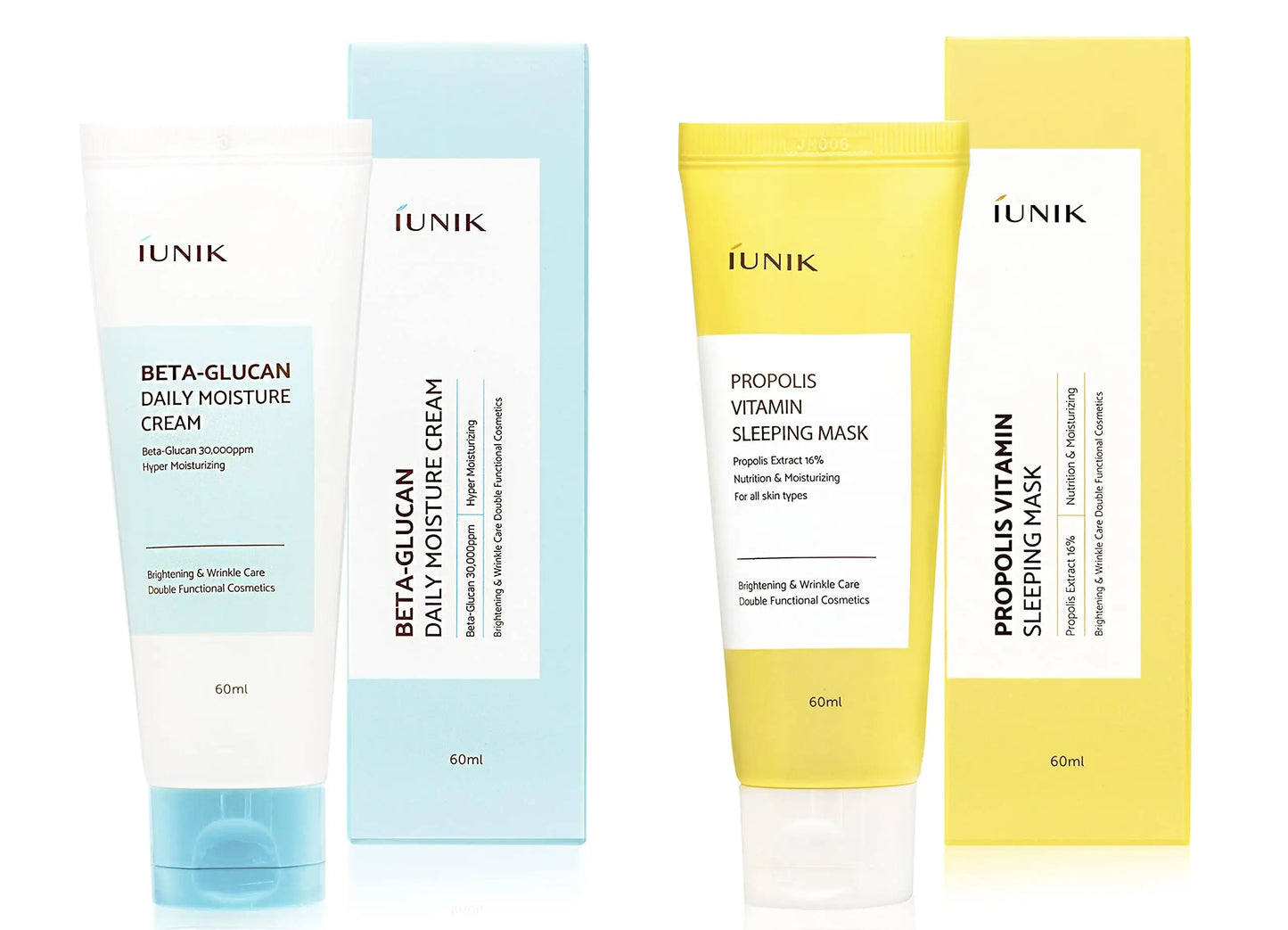 iUNIK Beta Glucan Daily Moisture Cream 60ml + iUNIK Propolis Vitamin Sleeping Mask Cream, 60ml displayed with light blue and yellow packaging for hydrating and brightening skincare.