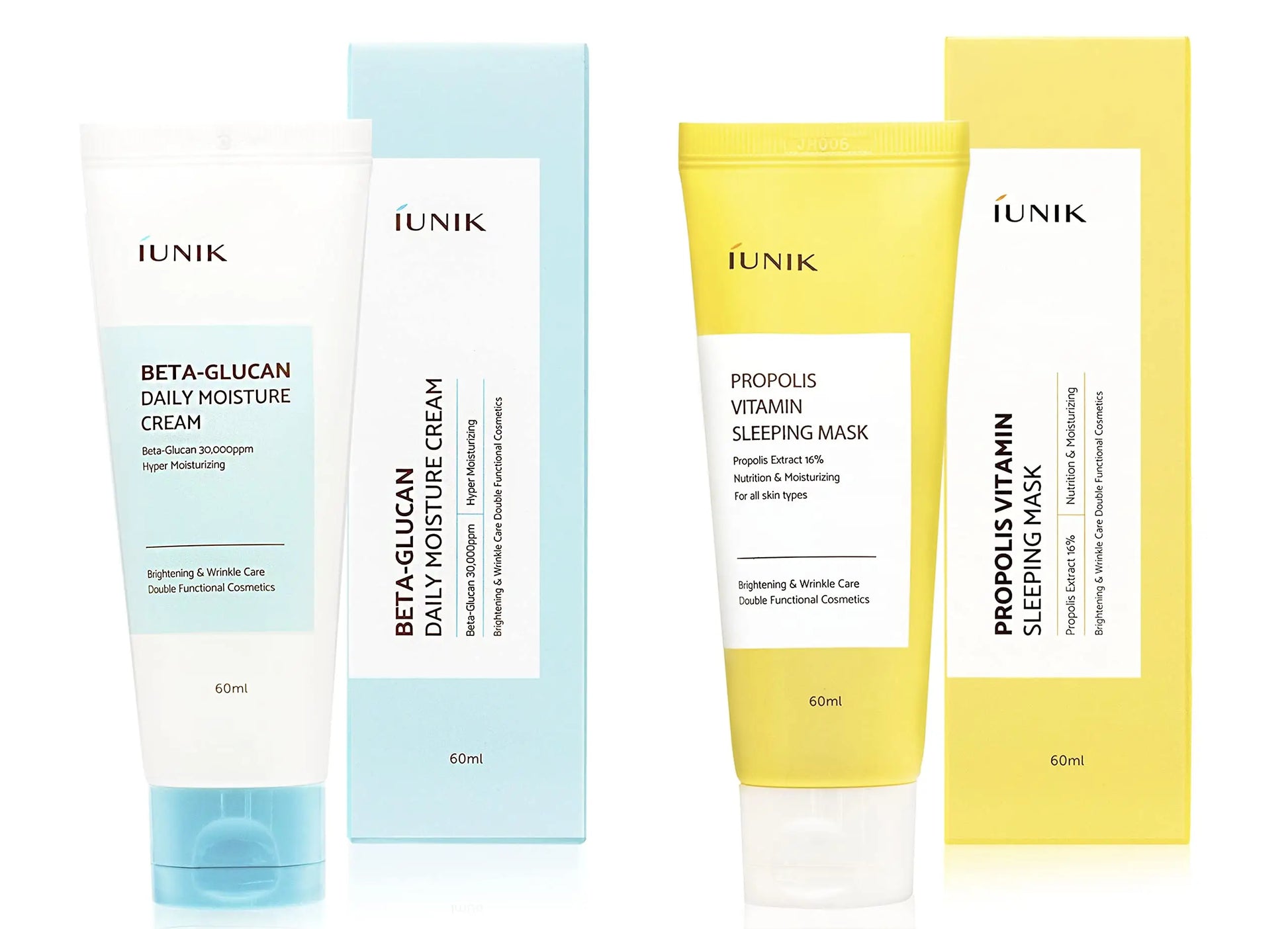 iUNIK Beta Glucan Daily Moisture Cream 60ml + iUNIK Propolis Vitamin Sleeping Mask Cream, 60ml displayed with light blue and yellow packaging for hydrating and brightening skincare.