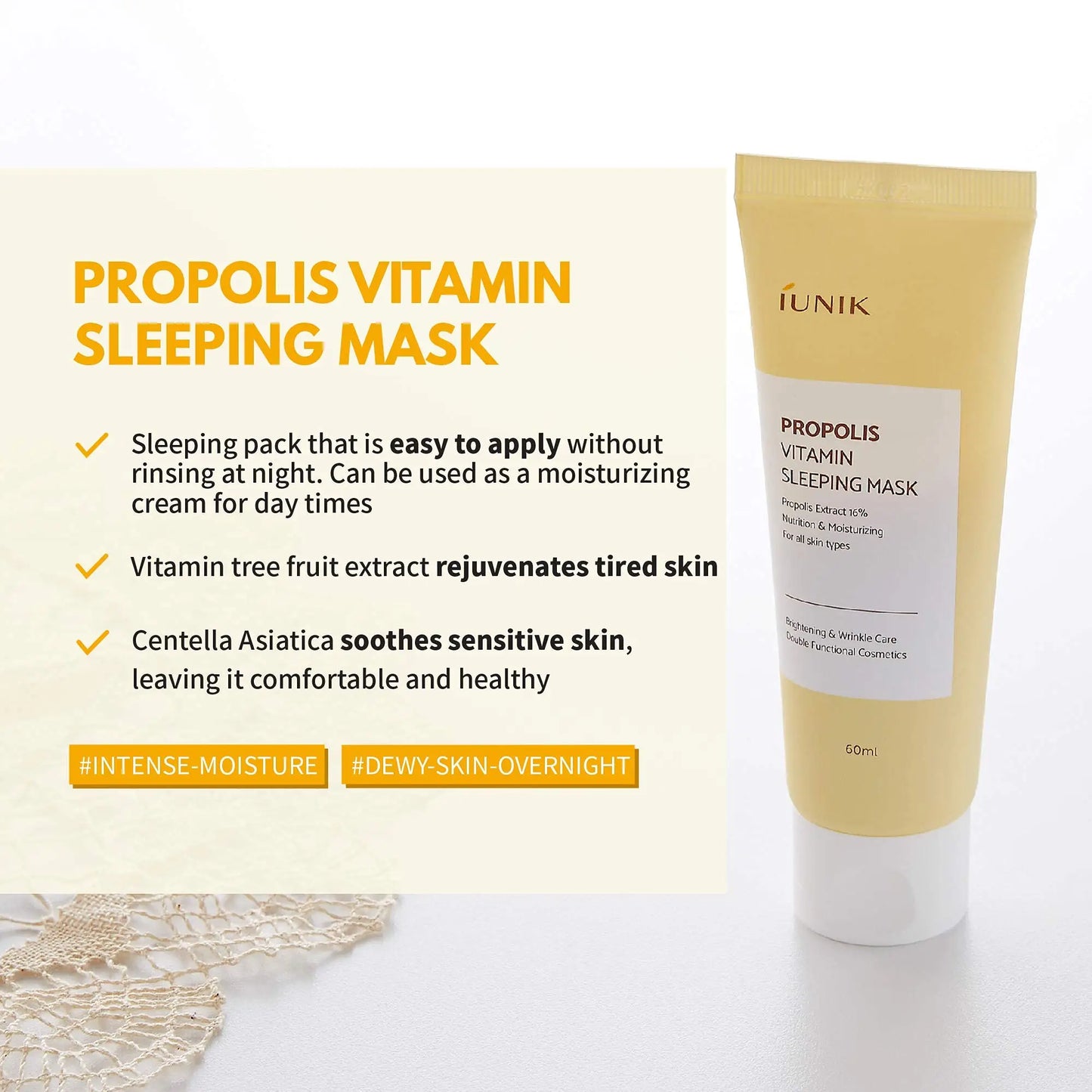 Image of iUNIK Beta Glucan Daily Moisture Cream 60ml + iUNIK Propolis Vitamin Sleeping Mask Cream, 60ml with product benefits highlighting easy application without rinsing, vitamin tree fruit extract to rejuvenate tired skin, and Centella Asiatica to soothe sensitive skin.