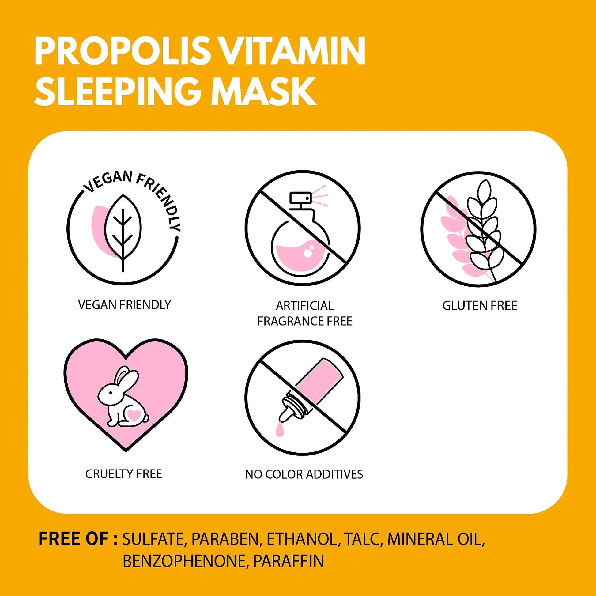 Certification icons highlight that iUNIK Beta Glucan Daily Moisture Cream 60ml + iUNIK Propolis Vitamin Sleeping Mask Cream, 60ml are vegan friendly, artificial fragrance free, gluten free, cruelty free, and contain no color additives, with no sulfates, parabens, ethanol, talc, mineral oil, benzophenone, or paraffin.
