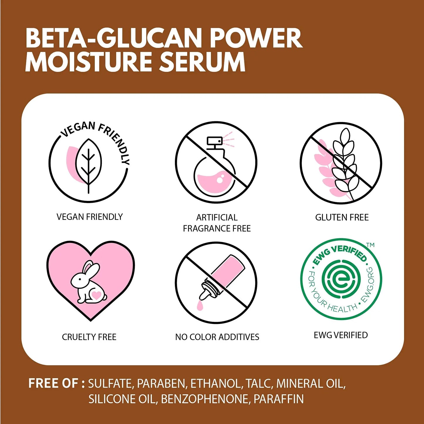 Icons showing iUNIK Beta Glucan Power Moisture Serum 50m + iUNIK Black Snail Restore Serum 50ml features vegan friendly, artificial fragrance free, gluten free, cruelty free, no color additives, and EWG verified, with free of sulfate, paraben, ethanol, talc, mineral oil, silicone oil, benzophenone, paraffin.
