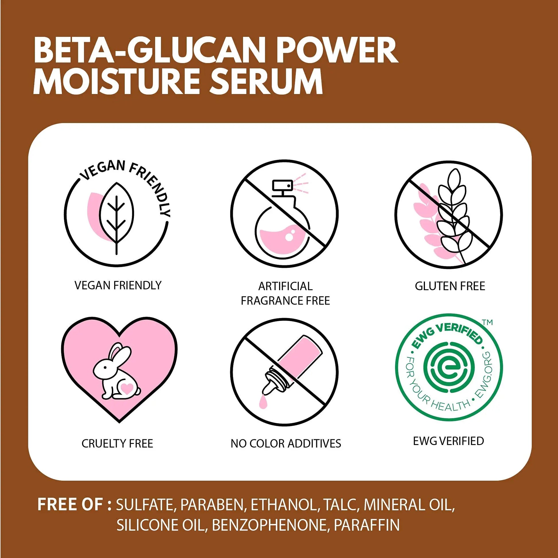Icons showing iUNIK Beta Glucan Power Moisture Serum 50m + iUNIK Black Snail Restore Serum 50ml features vegan friendly, artificial fragrance free, gluten free, cruelty free, no color additives, and EWG verified, with free of sulfate, paraben, ethanol, talc, mineral oil, silicone oil, benzophenone, paraffin.