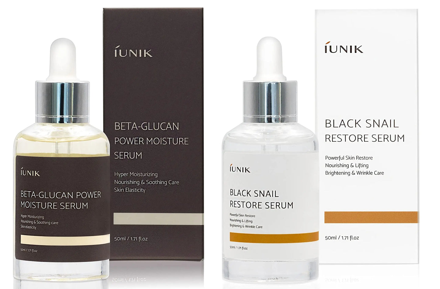 Two clear glass dropper bottles with matching boxes, featuring iUNIK Beta Glucan Power Moisture Serum 50m and iUNIK Black Snail Restore Serum 50ml for skin hydration and restoration.