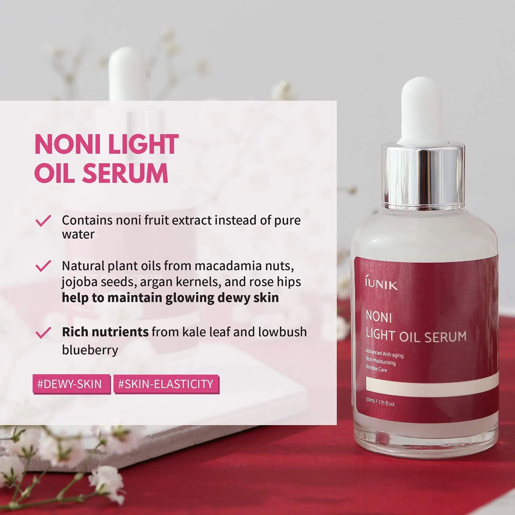 Clear glass dropper bottle of iUNIK Noni Light Oil Serum with maroon label beside text highlighting its nourishing ingredients and benefits on dewy, elastic skin, part of iUNIK Beta Glucan Power Moisture Serum 50ml + iUNIK Noni Light Oil Serum 50ml set.