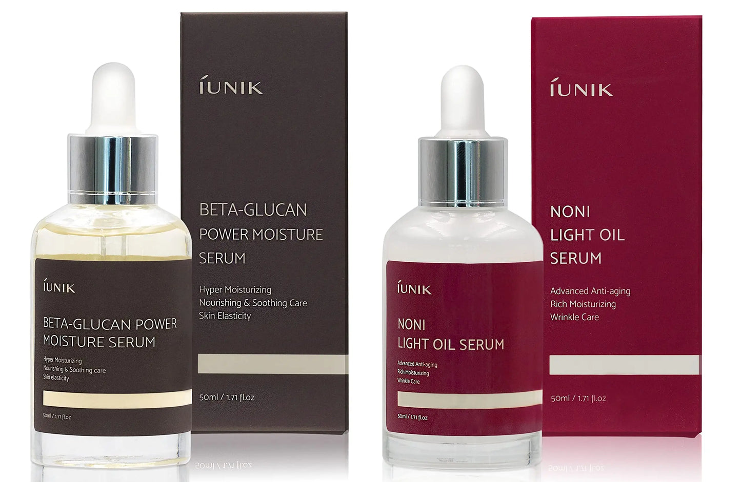 Two clear dropper bottles with matching boxes, featuring iUNIK Beta Glucan Power Moisture Serum 50ml + iUNIK Noni Light Oil Serum 50ml for moisturizing and skin care.