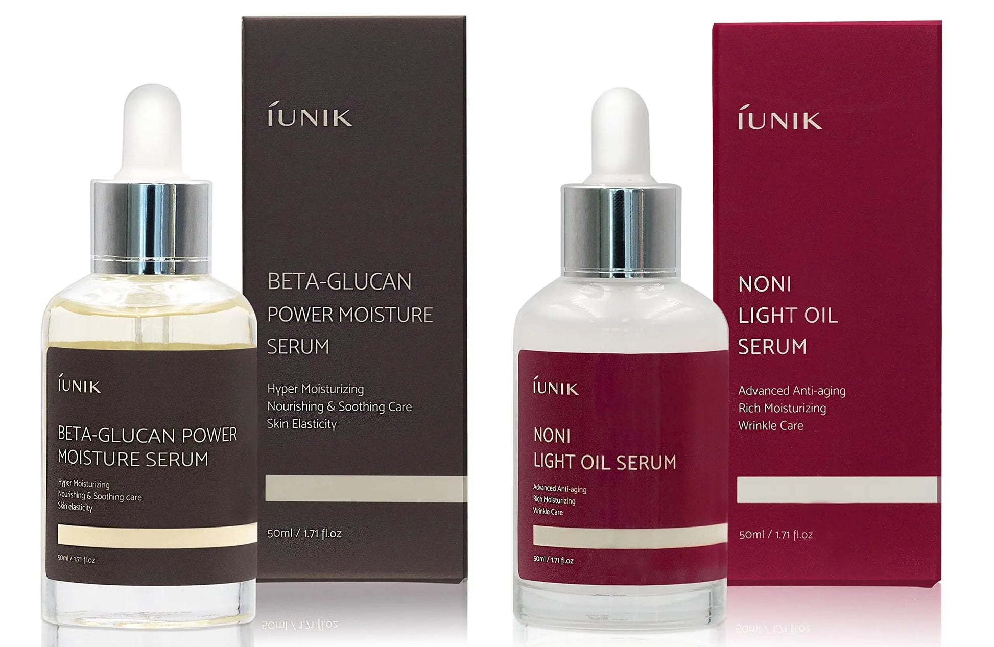 Two clear dropper bottles with matching boxes, featuring iUNIK Beta Glucan Power Moisture Serum 50ml + iUNIK Noni Light Oil Serum 50ml for moisturizing and skin care.
