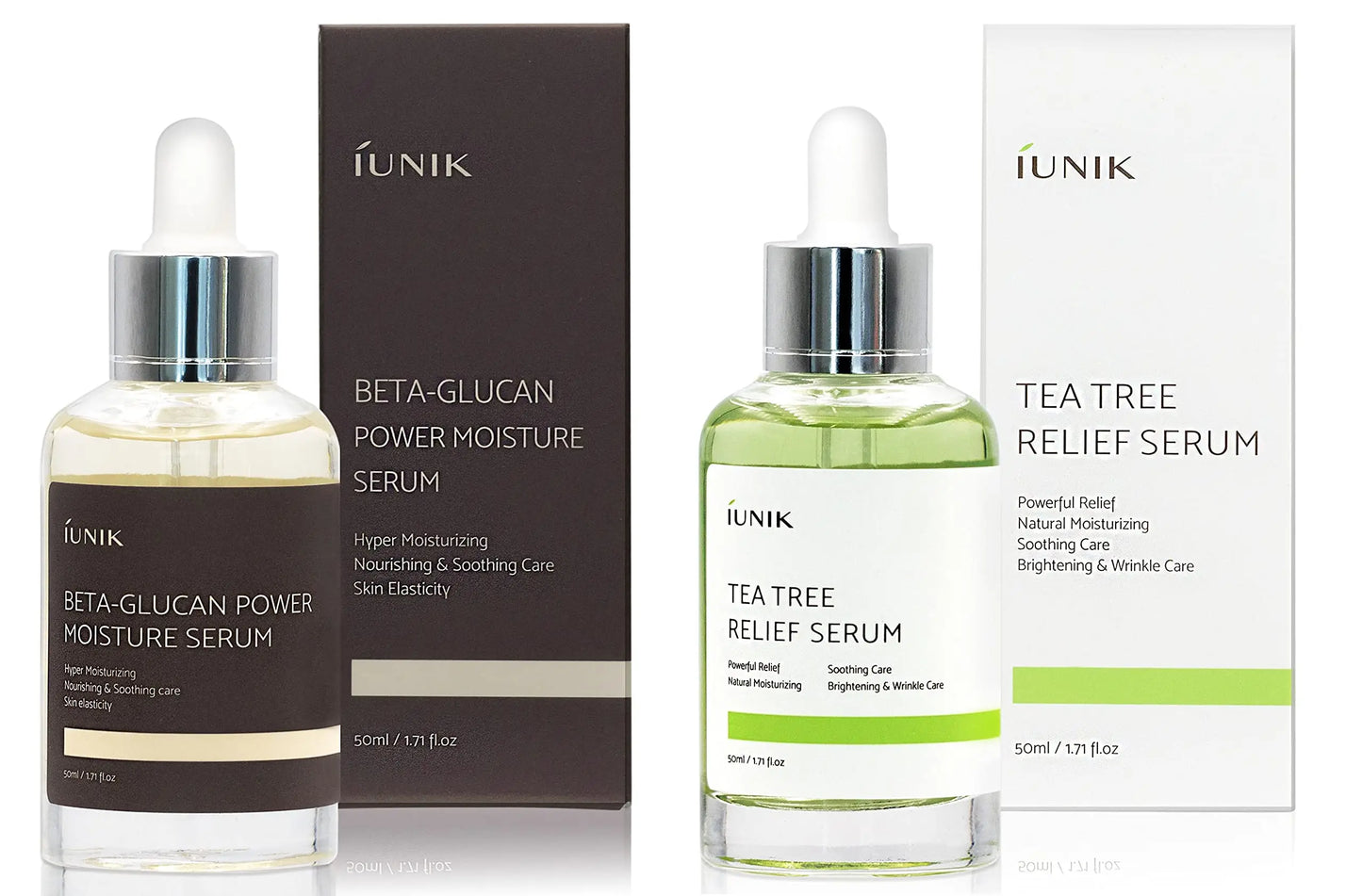 Two clear dropper bottles with their respective boxes for iUNIK Beta Glucan Power Moisture Serum 50ml + iUNIK Tea tree Relief Serum 50ml, featuring moisturizing and soothing skincare benefits.