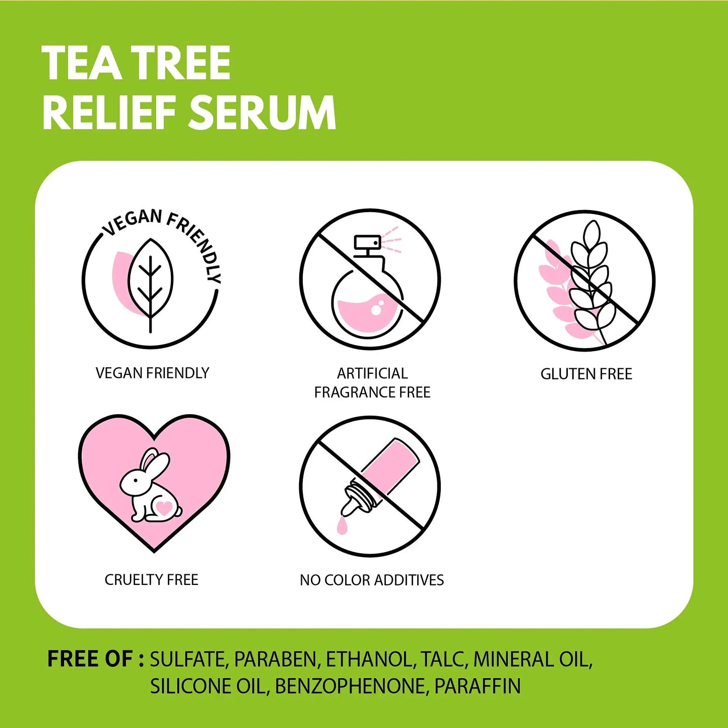 Label showing Tea Tree Relief Serum features including vegan friendly, artificial fragrance free, gluten free, cruelty free, no color additives, and free of sulfates, parabens, ethanol, talc, mineral oil, silicone oil, benzophenone, paraffin, part of iUNIK Beta Glucan Power Moisture Serum 50ml + iUNIK Tea tree Relief Serum 50ml.