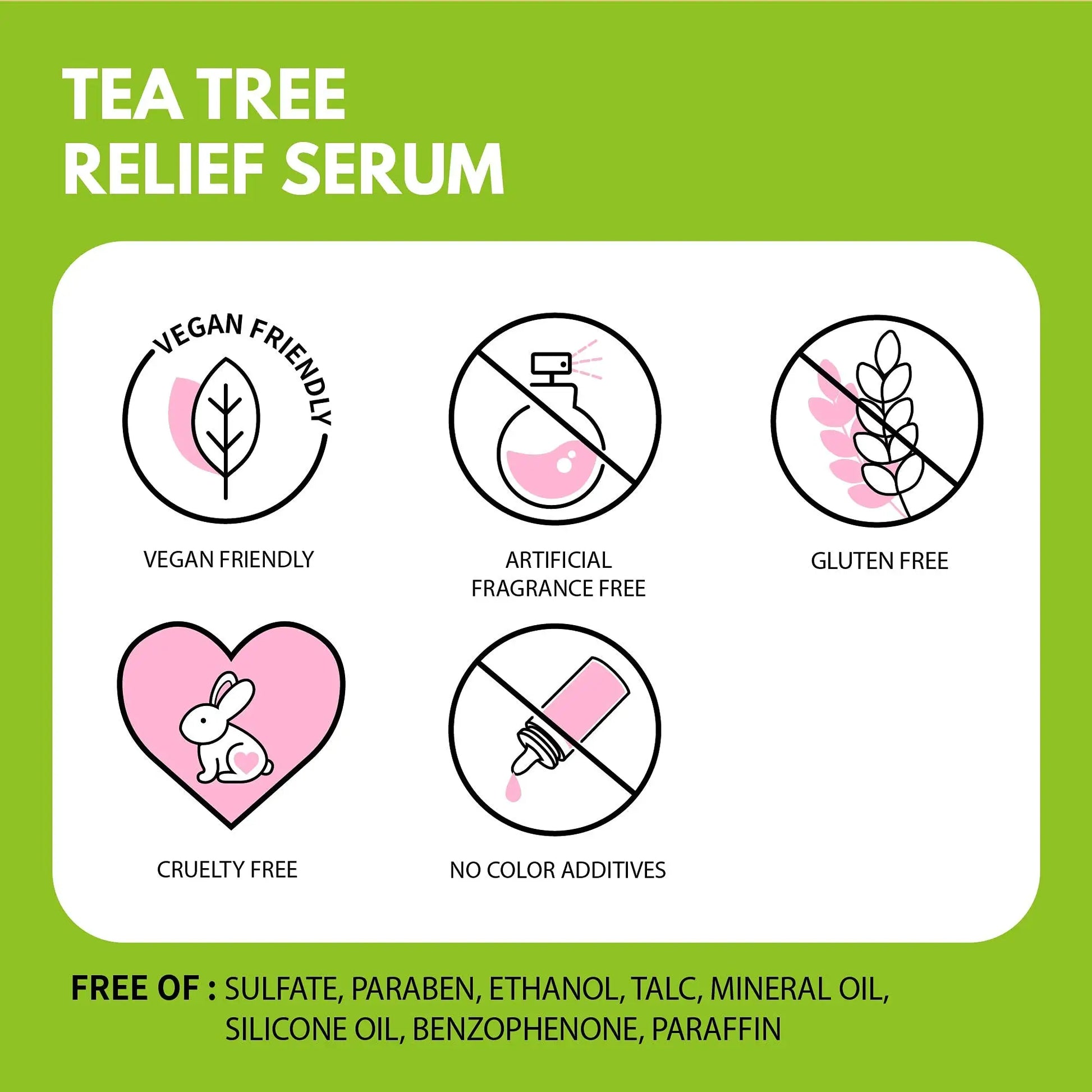 Label showing Tea Tree Relief Serum features including vegan friendly, artificial fragrance free, gluten free, cruelty free, no color additives, and free of sulfates, parabens, ethanol, talc, mineral oil, silicone oil, benzophenone, paraffin, part of iUNIK Beta Glucan Power Moisture Serum 50ml + iUNIK Tea tree Relief Serum 50ml.