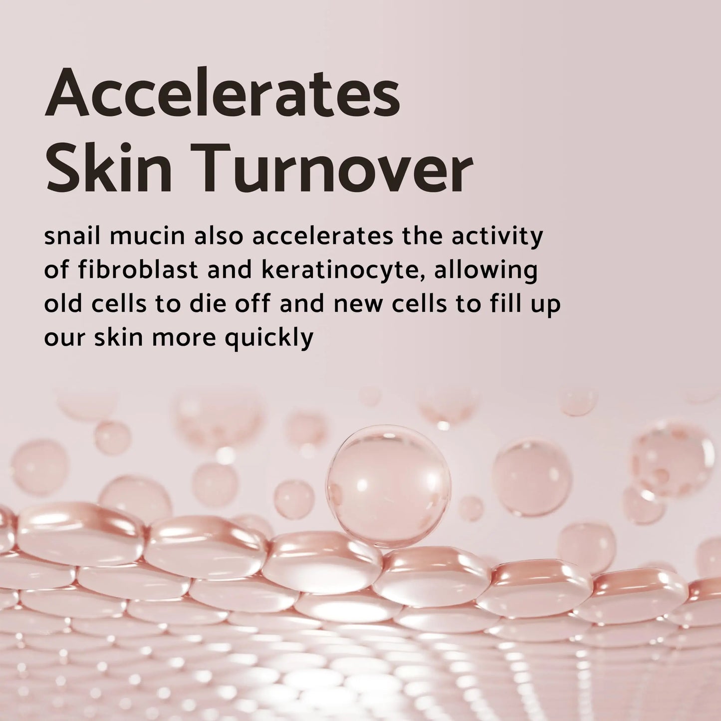 Close-up of glossy serum droplets with text explaining how iUNIK Black Snail Restore Serum 50ml accelerates skin turnover by enhancing fibroblast and keratinocyte activity for faster cell renewal.