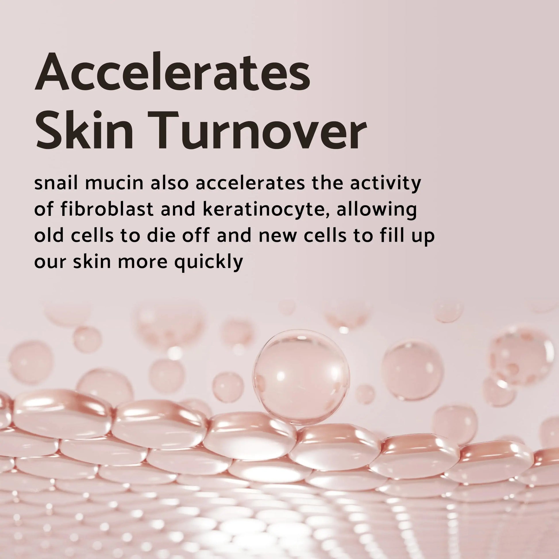 Close-up of glossy serum droplets with text explaining how iUNIK Black Snail Restore Serum 50ml accelerates skin turnover by enhancing fibroblast and keratinocyte activity for faster cell renewal.