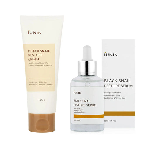 iUNIK Black Snail Restore Serum 50ml + iUNIK Black Snail Restore Cream 60ml displayed with product packaging, designed for skin restoration, nourishment, and wrinkle care.