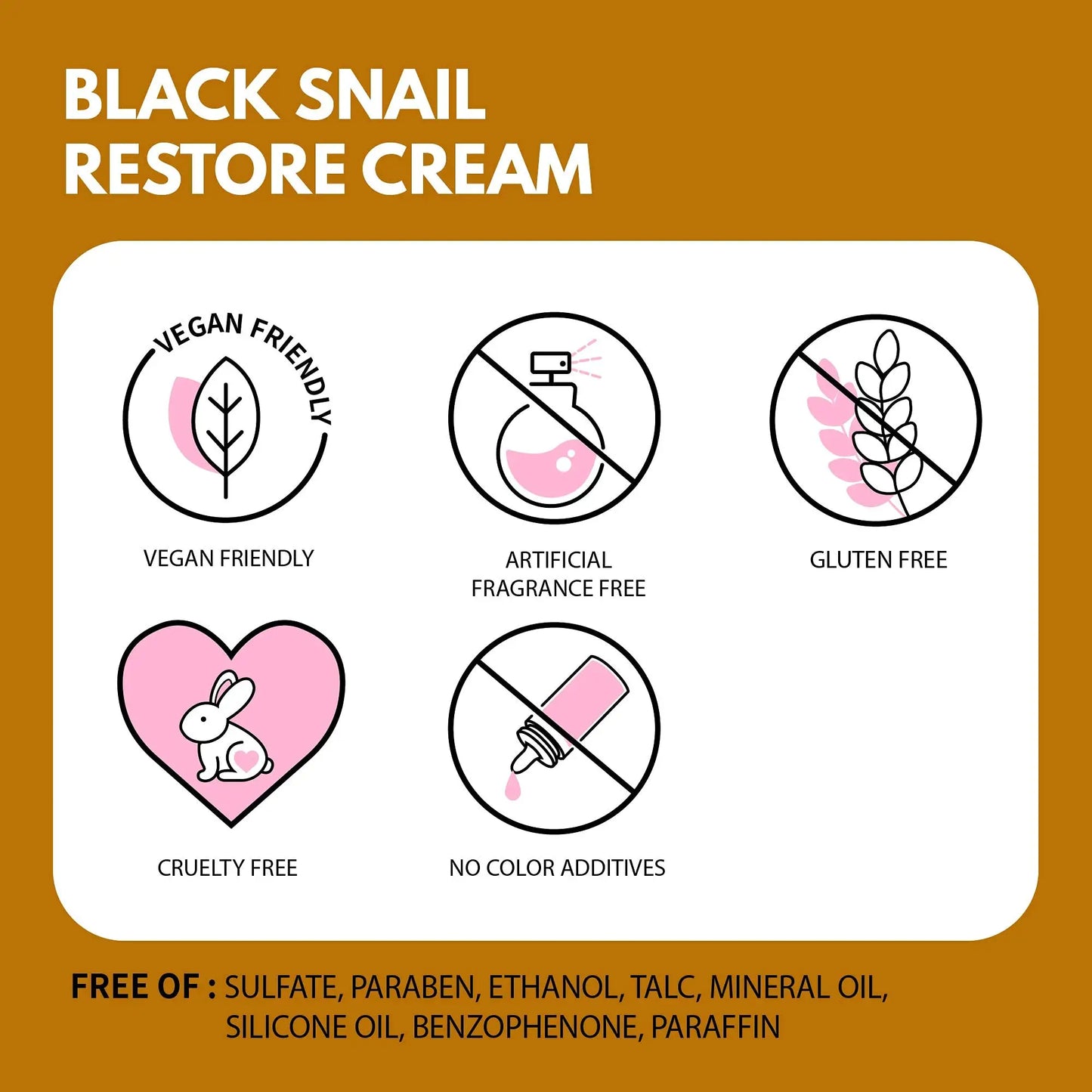 Graphic highlighting features of iUNIK Black Snail Restore Serum 50ml + iUNIK Black Snail Restore Cream, 60ml including vegan friendly, artificial fragrance free, gluten free, cruelty free, no color additives, and free of sulfates, parabens, ethanol, talc, mineral oil, silicone oil, benzophenone, and paraffin.