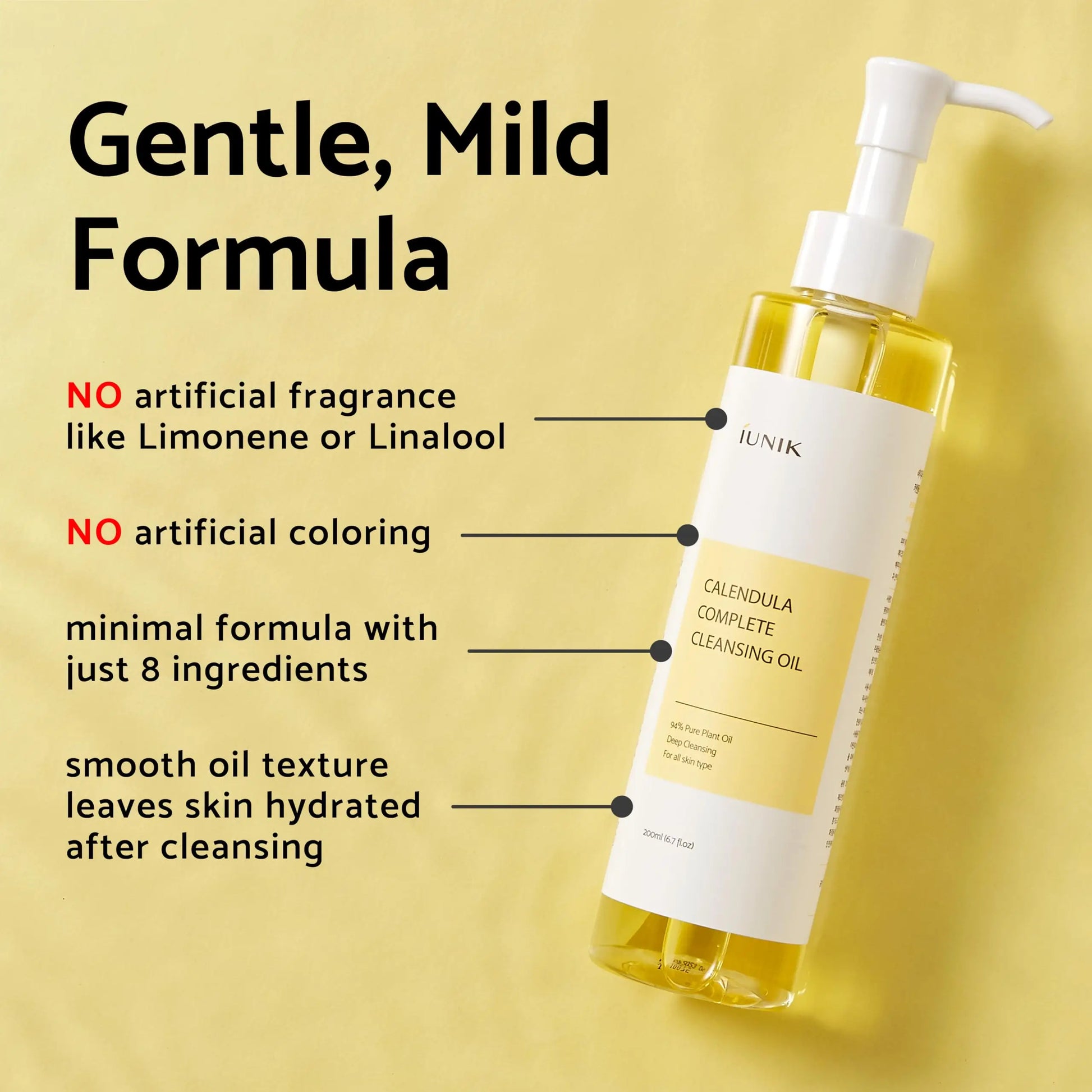 Bottle of iUNIK Calendula Complete Cleansing Oil, 200ml, shown with text highlighting its gentle, mild formula free of artificial fragrance and coloring, with smooth oil texture and minimal ingredients.