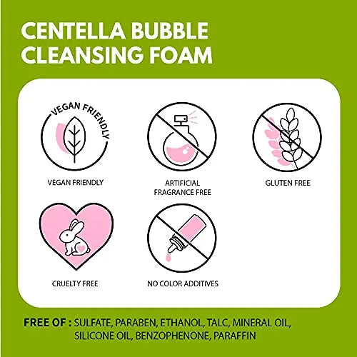 Information graphic for iUNIK Calendula Complete Cleansing Oil, 200ml + iUNIK Centella Bubble Cleansing Foam, 150ml highlighting that the cleansing foam is vegan friendly, artificial fragrance free, gluten free, cruelty free, and contains no color additives, with additional free-from ingredients listed.