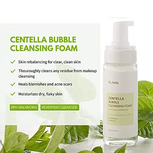 iUNIK Calendula Complete Cleansing Oil, 200ml + iUNIK Centella Bubble Cleansing Foam, 150ml with features like skin rebalancing, makeup residue removal, blemish healing, and moisturizing dry skin.