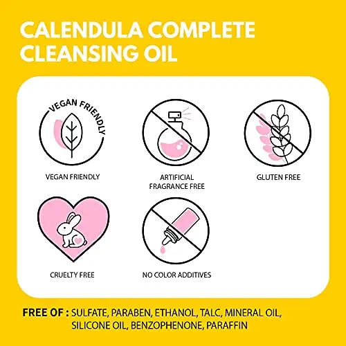 Illustration highlighting the key features of iUNIK Calendula Complete Cleansing Oil, 200ml + iUNIK Centella Bubble Cleansing Foam, 150ml, showing vegan friendly, artificial fragrance free, gluten free, cruelty free, and no color additives with a yellow background.