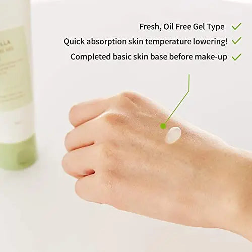 Close-up of a hand with a small amount of translucent gel demonstrating fresh, oil-free texture and quick absorption features of iUNIK Calendula Complete Cleansing Oil, 200ml + iUNIK Centella Calming Gel Cream 60ml, highlighting skincare benefits before makeup.