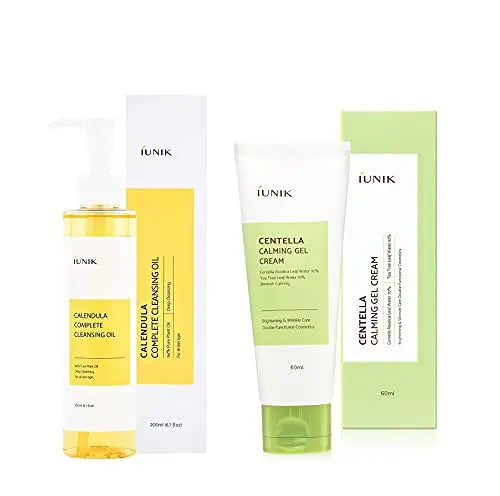 iUNIK Calendula Complete Cleansing Oil, 200ml and iUNIK Centella Calming Gel Cream 60ml skincare products with their respective packaging in white, yellow, and green colors.