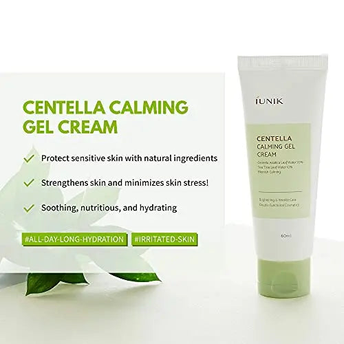 iUNIK Calendula Complete Cleansing Oil, 200ml + iUNIK Centella Calming Gel Cream 60ml packaging showing the Centella Calming Gel Cream tube alongside text highlighting its benefits for sensitive skin, hydration, and soothing properties.