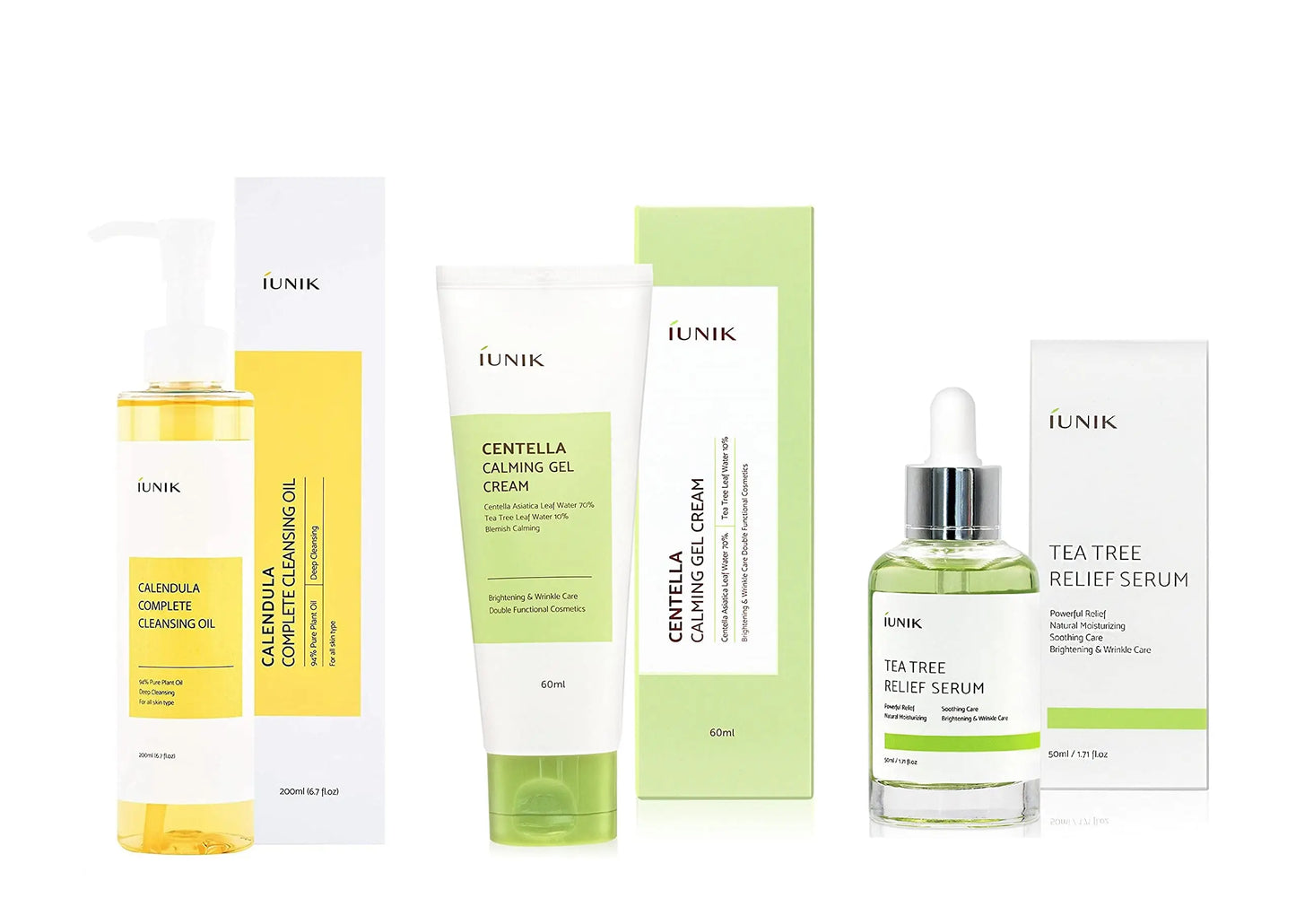 Set of iUNIK Calendula Complete Cleansing Oil, 200ml + iUNIK Tea tree Relief Serum 50ml + iUNIK Centella Calming Gel Cream 60ml with product packaging on white background.