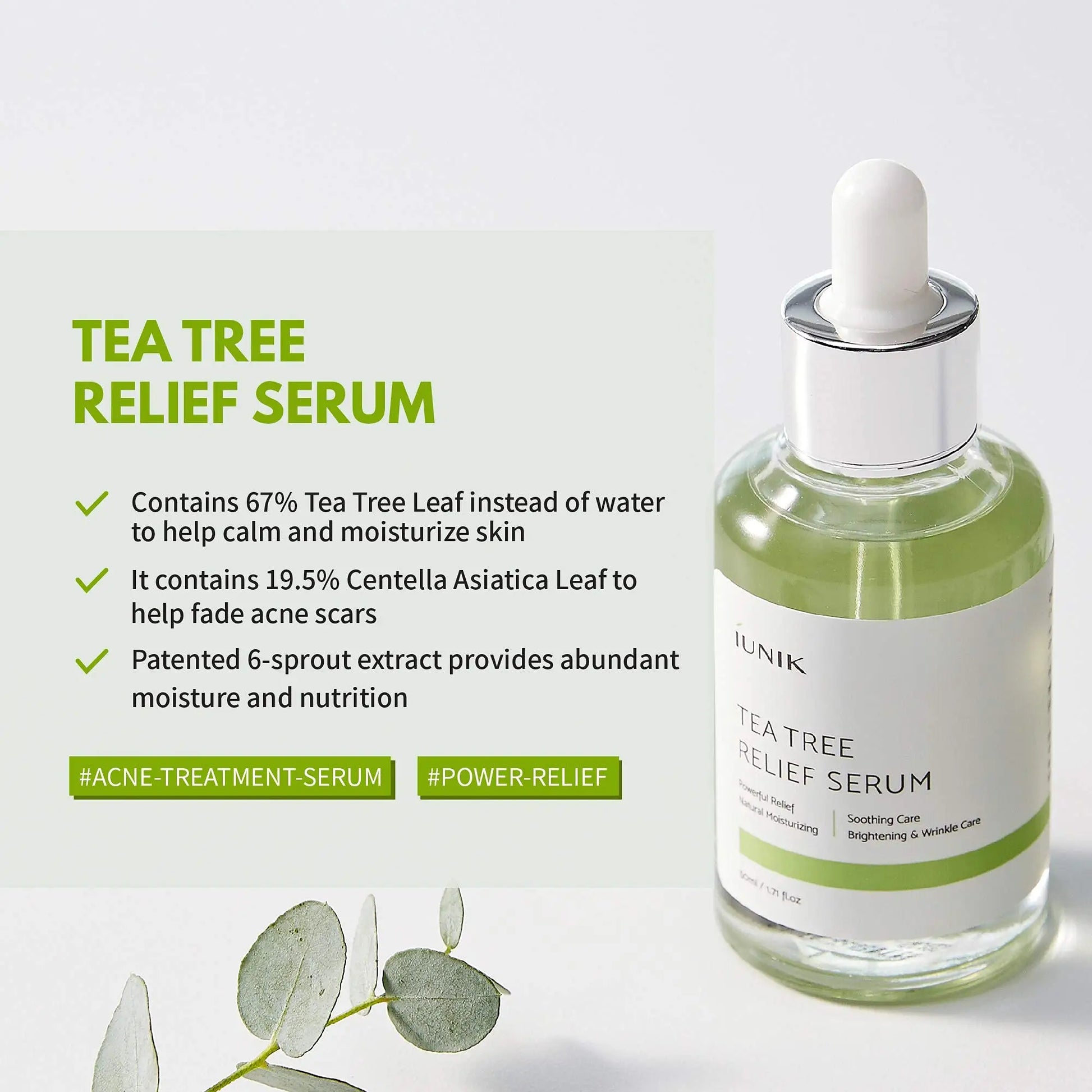 Clear glass bottle of iUNIK Calendula Complete Cleansing Oil, 200ml + iUNIK Tea tree Relief Serum 50ml with dropper cap, highlighting tea tree serum benefits on a white background.