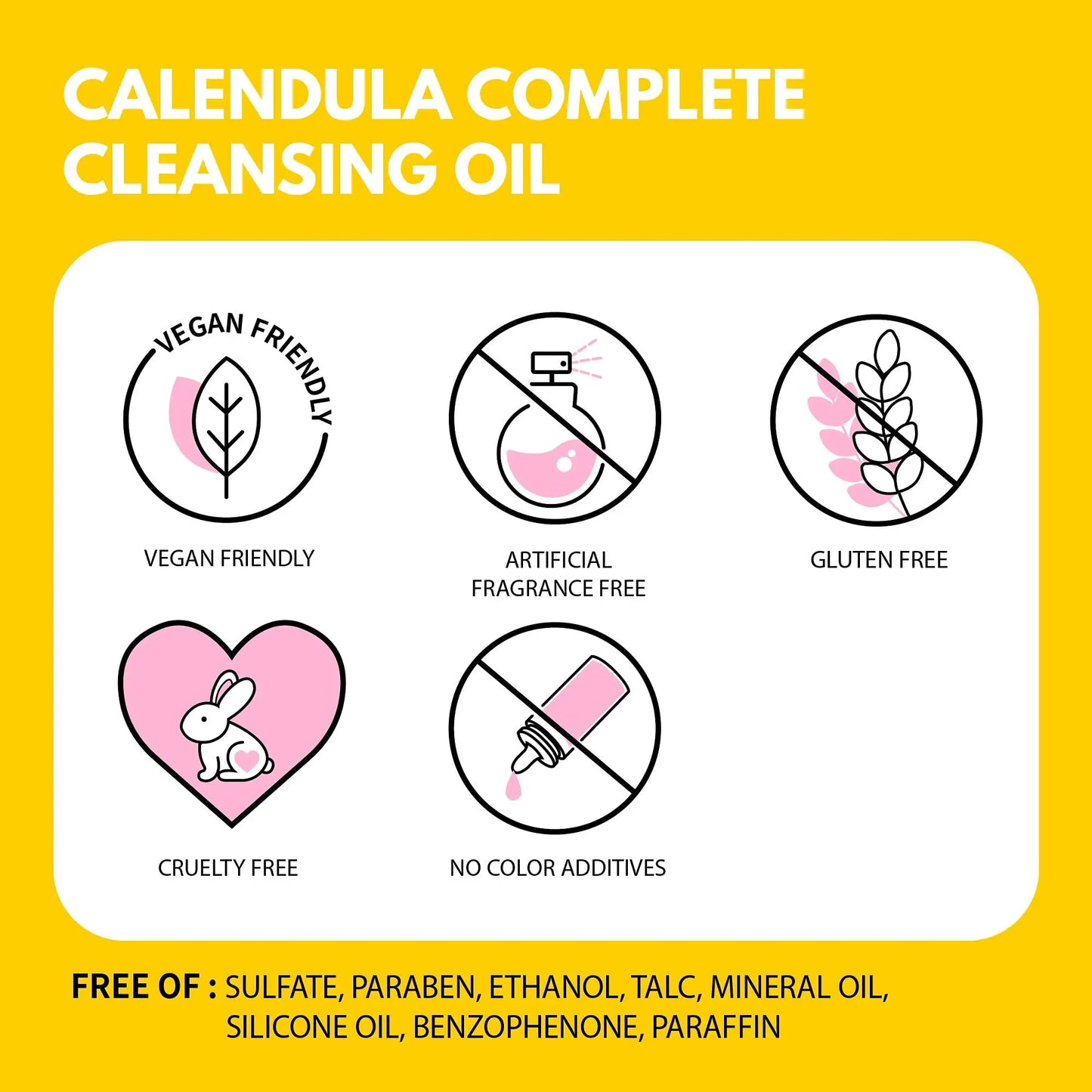 Yellow label showing features of iUNIK Calendula Complete Cleansing Oil, 200ml + iUNIK Tea tree Relief Serum 50ml including vegan friendly, artificial fragrance free, gluten free, cruelty free, and no color additives, with a list of ingredients it is free of.