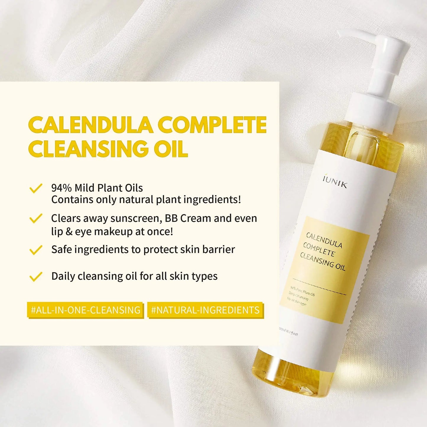Product image showing a bottle of iUNIK Calendula Complete Cleansing Oil with text highlighting it contains 94% mild plant oils, clears sunscreen and makeup, protects the skin barrier, and suits all skin types, part of the set iUNIK Calendula Complete Cleansing Oil, 200ml + iUNIK Tea tree Relief Serum 50ml + iUNIK Centella Calming Gel Cream 60ml.