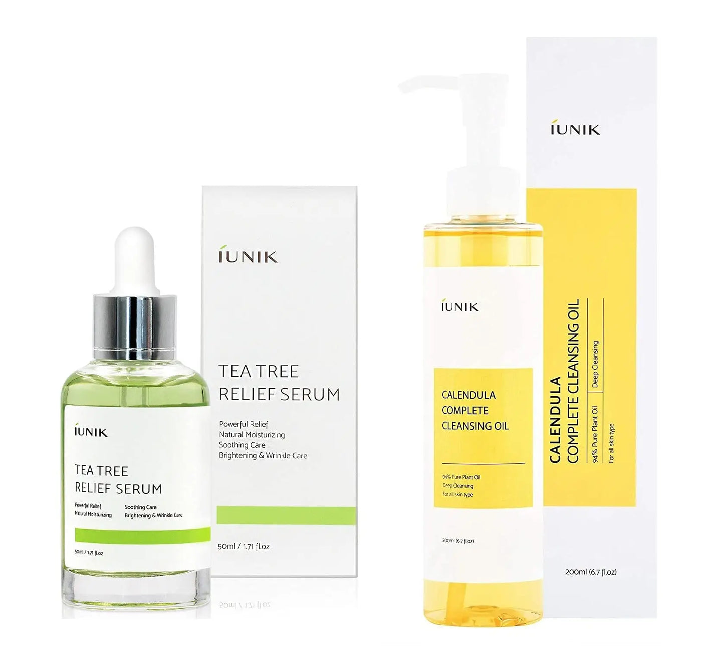 iUNIK Calendula Complete Cleansing Oil, 200ml + iUNIK Tea tree Relief Serum 50ml displayed with packaging, featuring clear pump bottle and dropper bottle on white background
