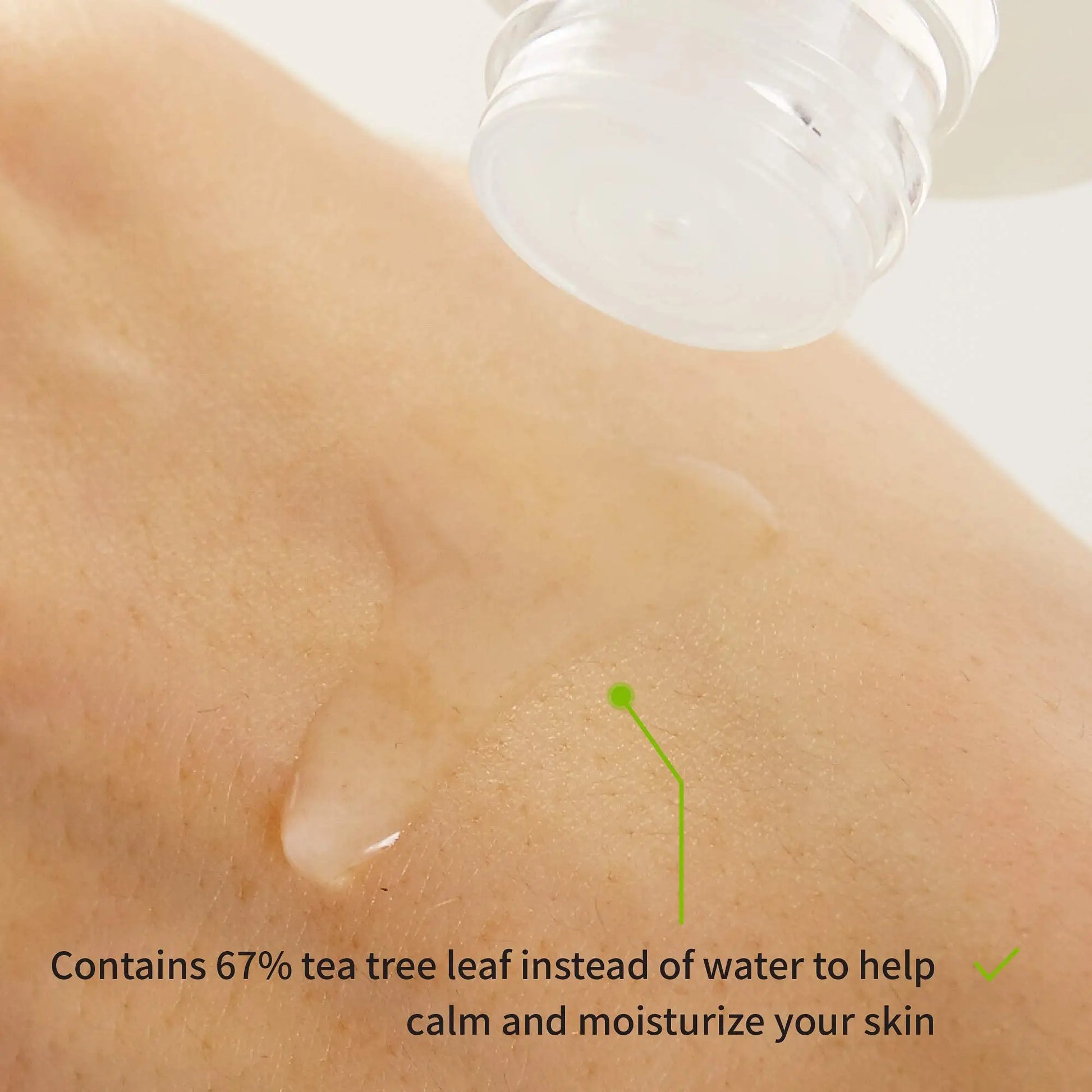 Close-up of clear gel texture poured on skin from an open container, highlighting "iUNIK Centella Bubble Cleansing Foam, 150ml + iUNIK Tea Tree Relief Toner 200ml" with text about 67% tea tree leaf for calming and moisturizing skin.