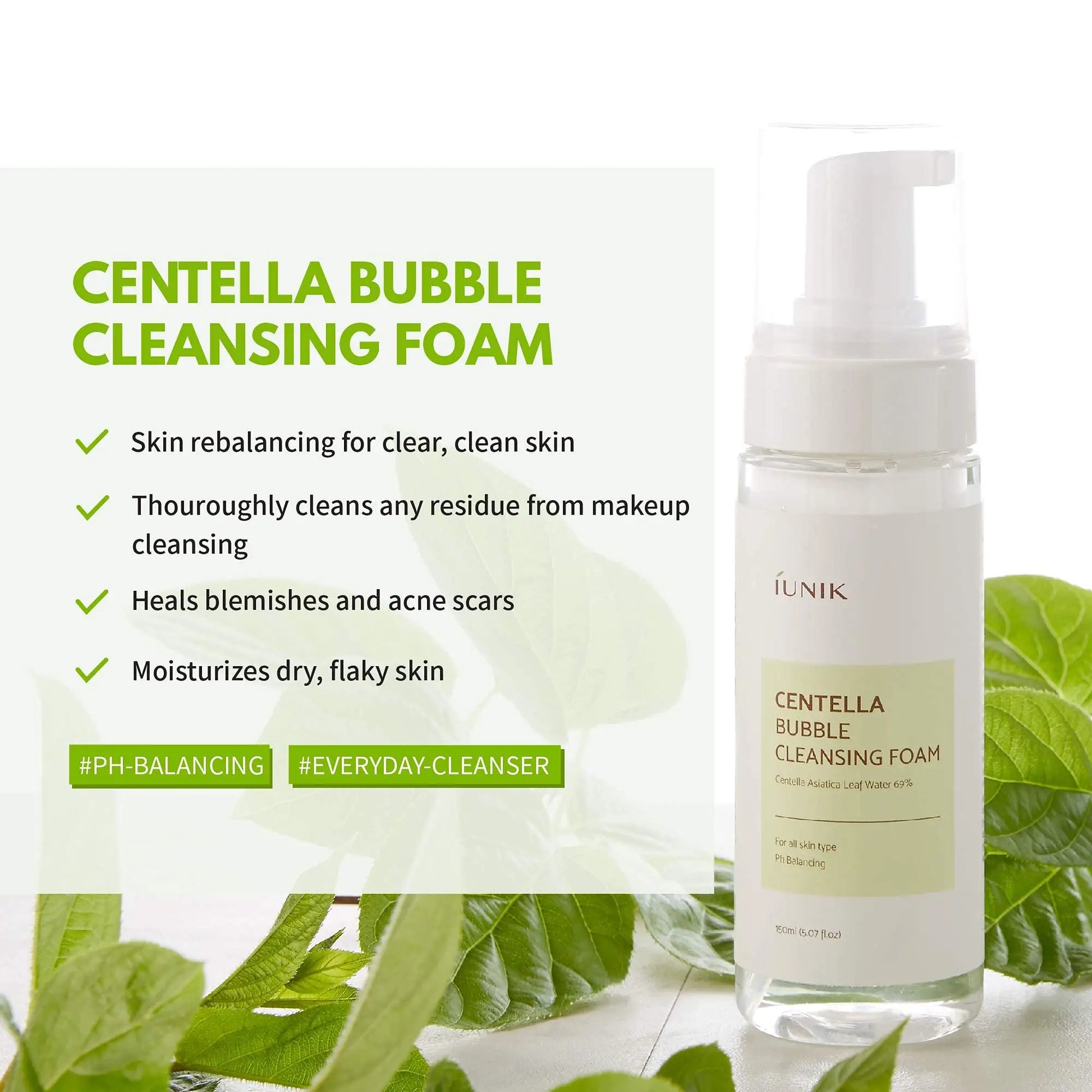 iUNIK Centella Bubble Cleansing Foam, 150ml + iUNIK Tea Tree Relief Toner 200ml with skin rebalancing, makeup residue removal, blemish healing, and moisturizing benefits shown on a white pump bottle with green leaves background.