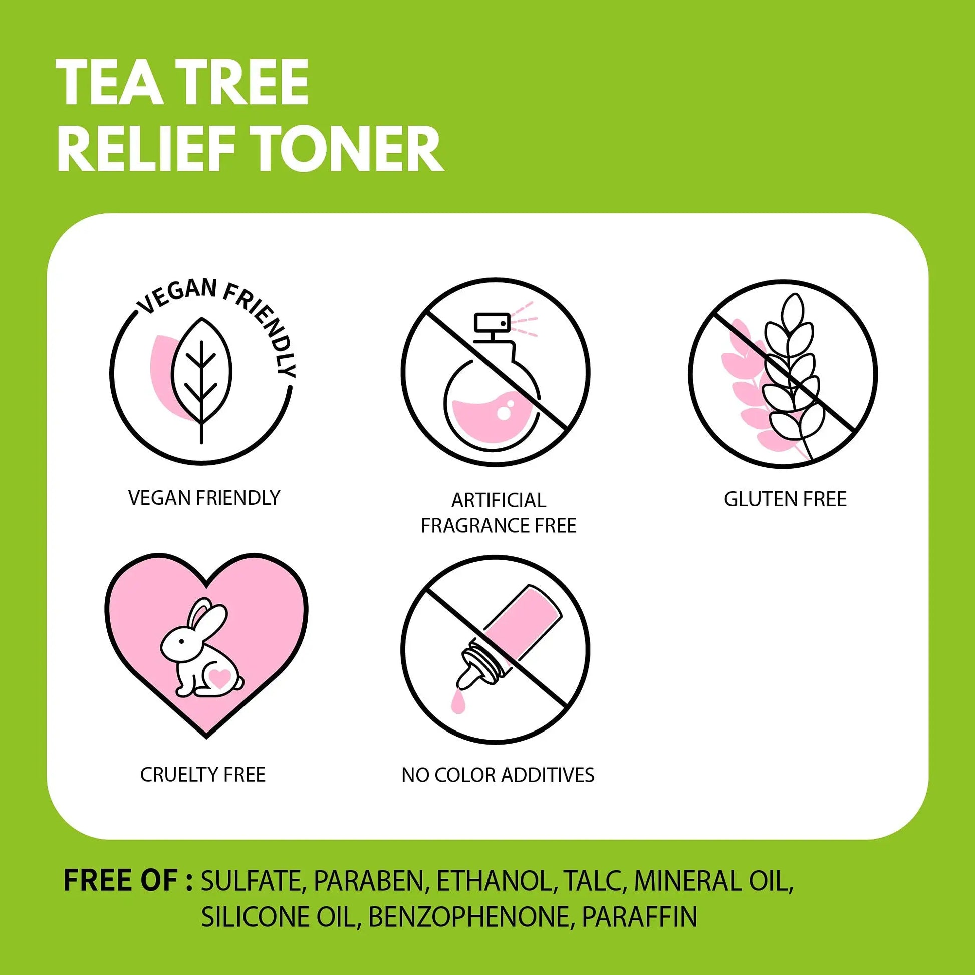 Infographic highlighting features of iUNIK Centella Bubble Cleansing Foam, 150ml + iUNIK Tea Tree Relief Toner 200ml, including vegan friendly, artificial fragrance free, gluten free, cruelty free, no color additives, and free of sulfates, parabens, ethanol, talc, mineral oil, silicone oil, benzophenone, and paraffin.