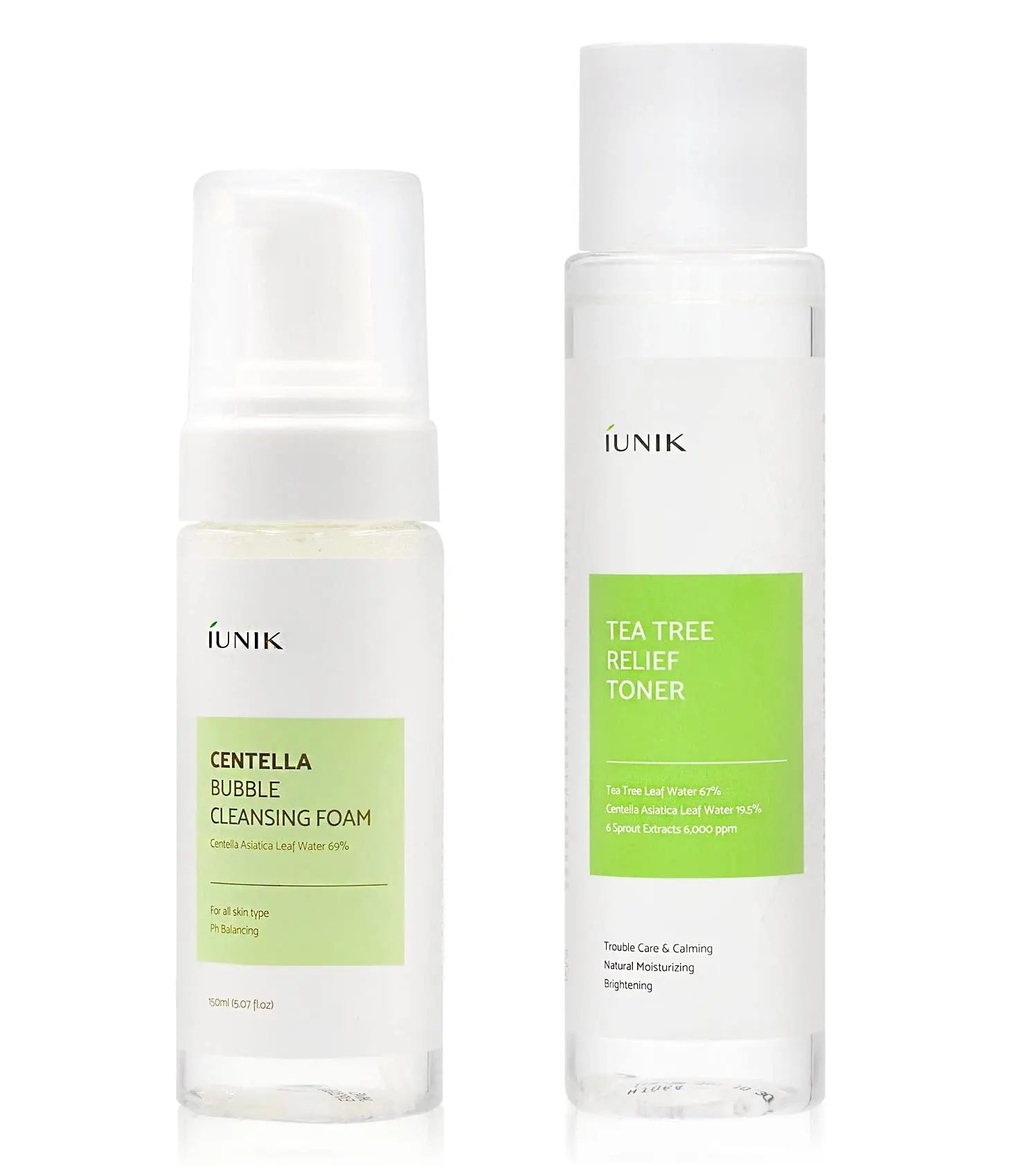 iUNIK Centella Bubble Cleansing Foam, 150ml and iUNIK Tea Tree Relief Toner 200ml displayed side by side with white and light green minimalist packaging for skincare use.