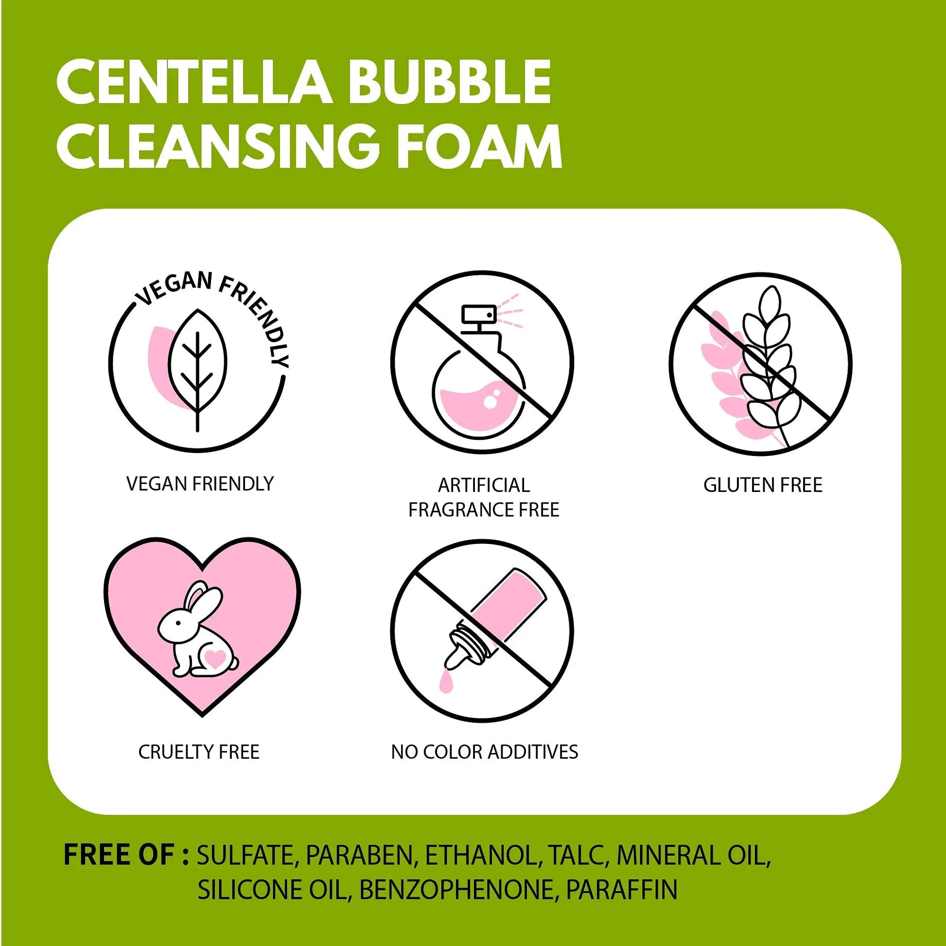 Icons showing that iUNIK Centella Bubble Cleansing Foam, 150ml + iUNIK Tea Tree Relief Toner 200ml is vegan friendly, artificial fragrance free, gluten free, cruelty free, with no color additives, and free of sulfate, paraben, ethanol, talc, mineral oil, silicone oil, benzophenone, and paraffin.