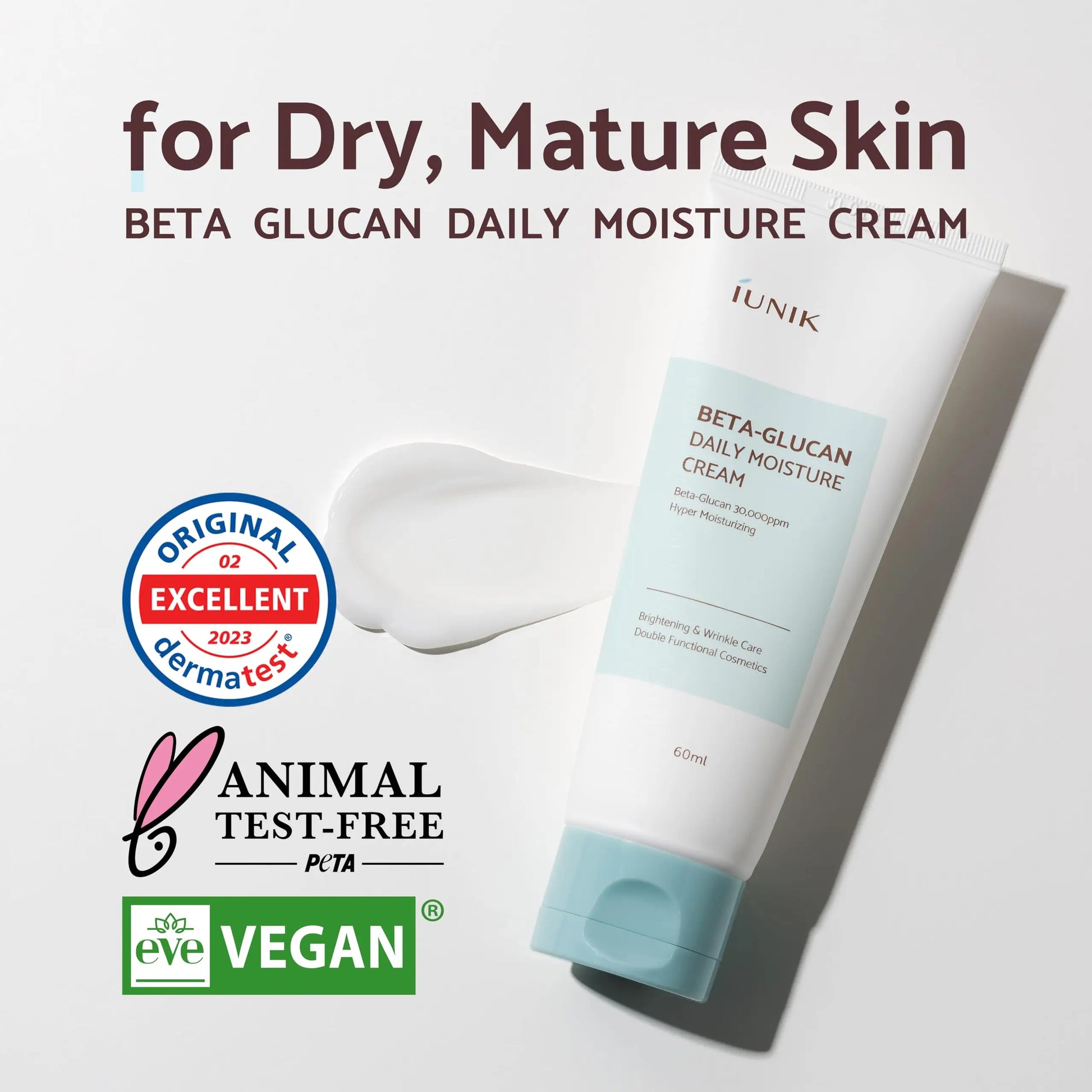 Tube of iUNIK Centella Calming Daily Sunscreen 60ml + iUNIK Beta Glucan Power Moisture Serum 50ml shown with vegan, animal test-free, and dermatest excellent certification icons, highlighting suitability for dry, mature skin.