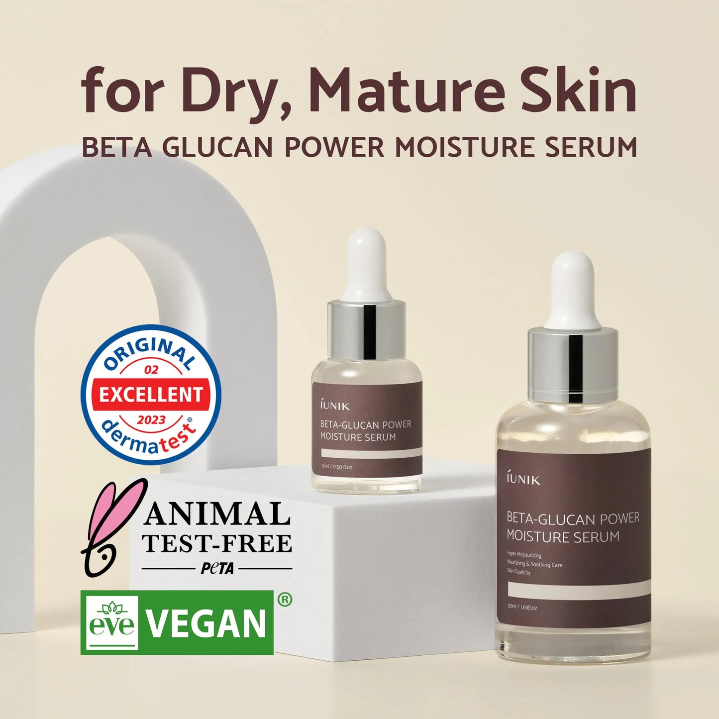 Two bottles of iUNIK Centella Calming Daily Sunscreen 60ml + iUNIK Beta Glucan Power Moisture Serum 50ml displayed against a neutral backdrop with icons for vegan, animal test-free, and dermatologically tested, highlighting suitability for dry mature skin.