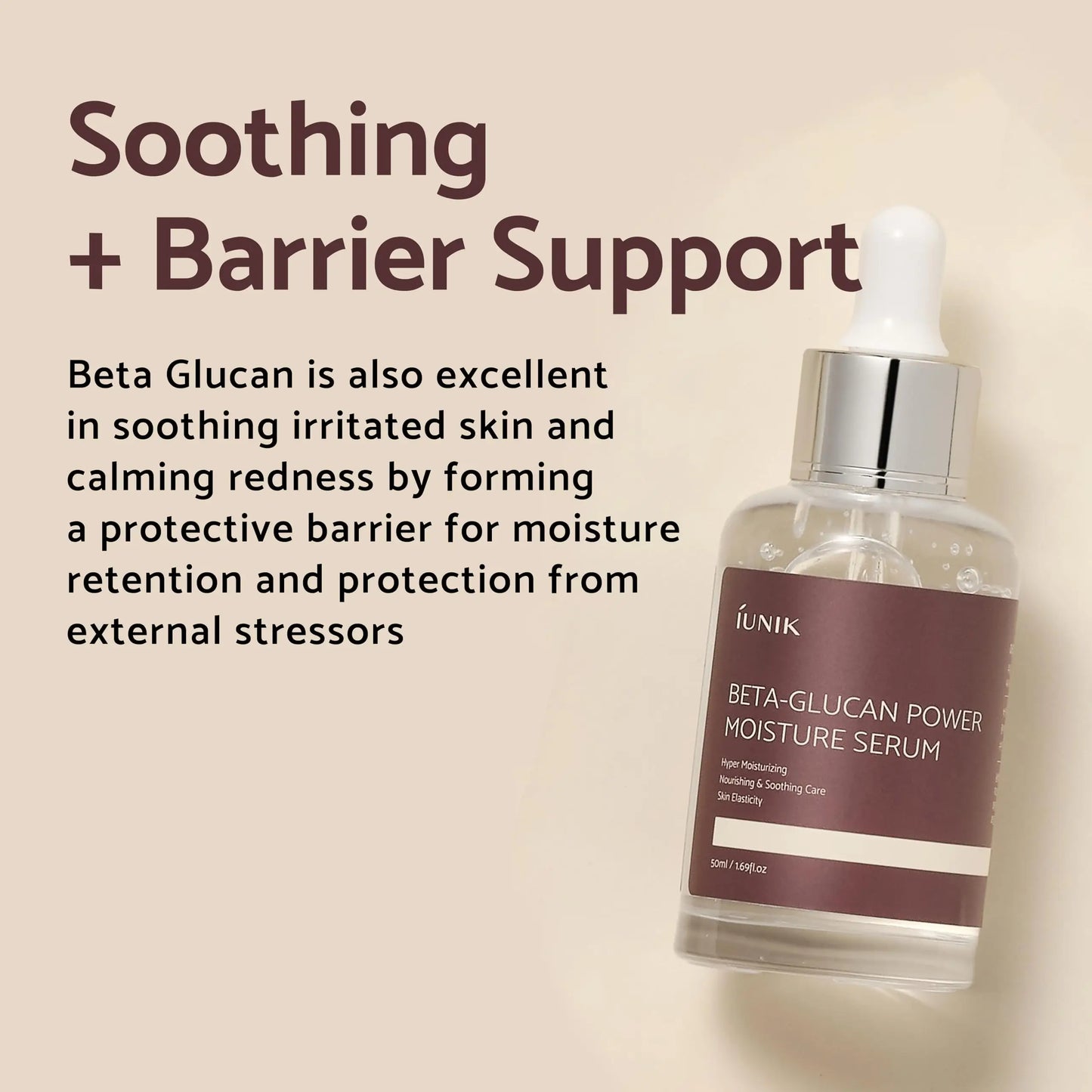 Close-up of a dropper bottle labeled iUNIK Beta Glucan Power Moisture Serum alongside text describing its soothing and barrier support benefits, part of the iUNIK Centella Calming Daily Sunscreen 60ml + iUNIK Beta Glucan Power Moisture Serum 50ml set.