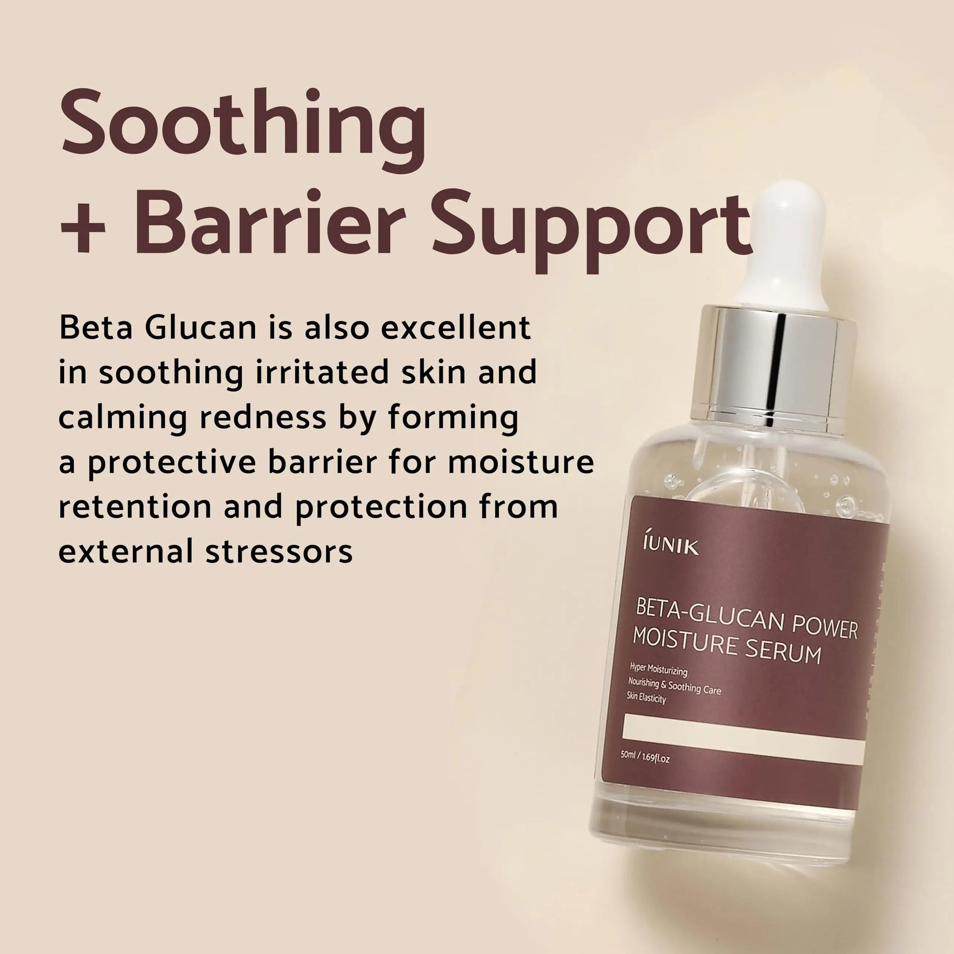 Close-up of a dropper bottle labeled iUNIK Beta Glucan Power Moisture Serum alongside text describing its soothing and barrier support benefits, part of the iUNIK Centella Calming Daily Sunscreen 60ml + iUNIK Beta Glucan Power Moisture Serum 50ml set.