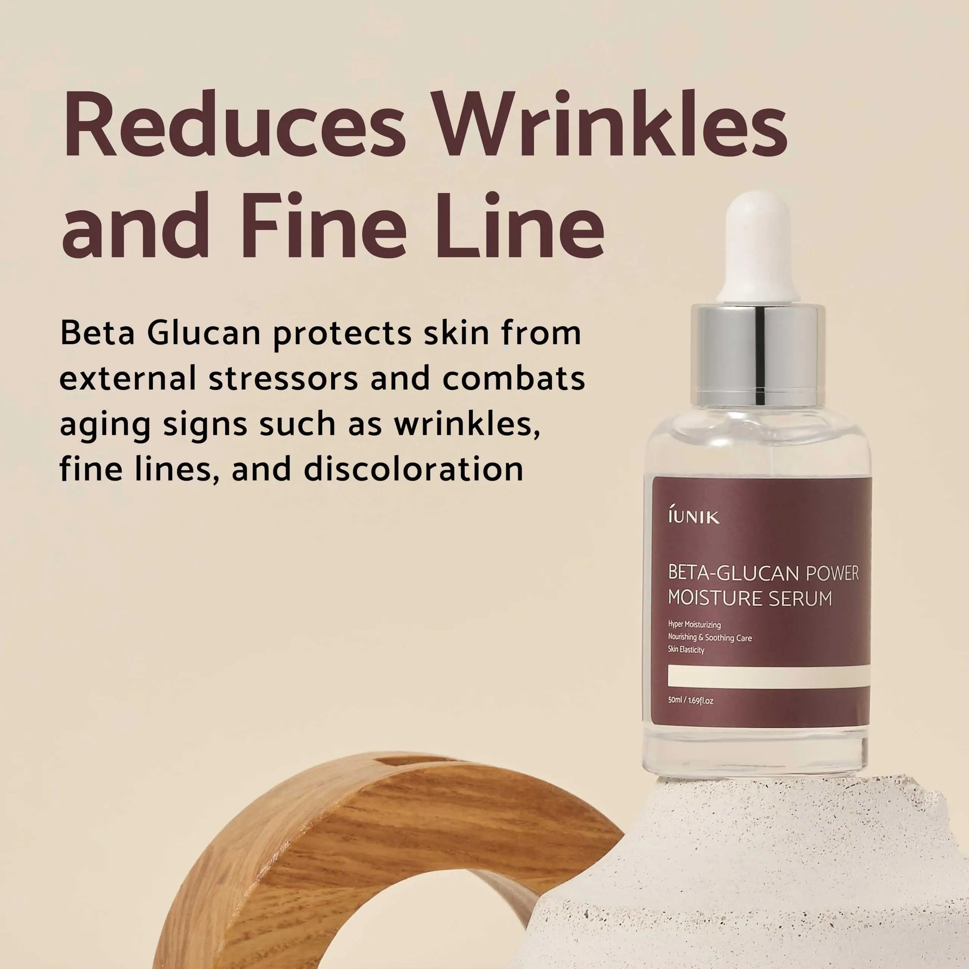 Image of iUNIK Beta-Glucan Power Moisture Serum bottle with dropper, alongside text highlighting its ability to reduce wrinkles and fine lines by protecting skin from external stressors and aging signs, featured with iUNIK Centella Calming Daily Sunscreen 60ml + iUNIK Beta Glucan Power Moisture Serum 50ml.