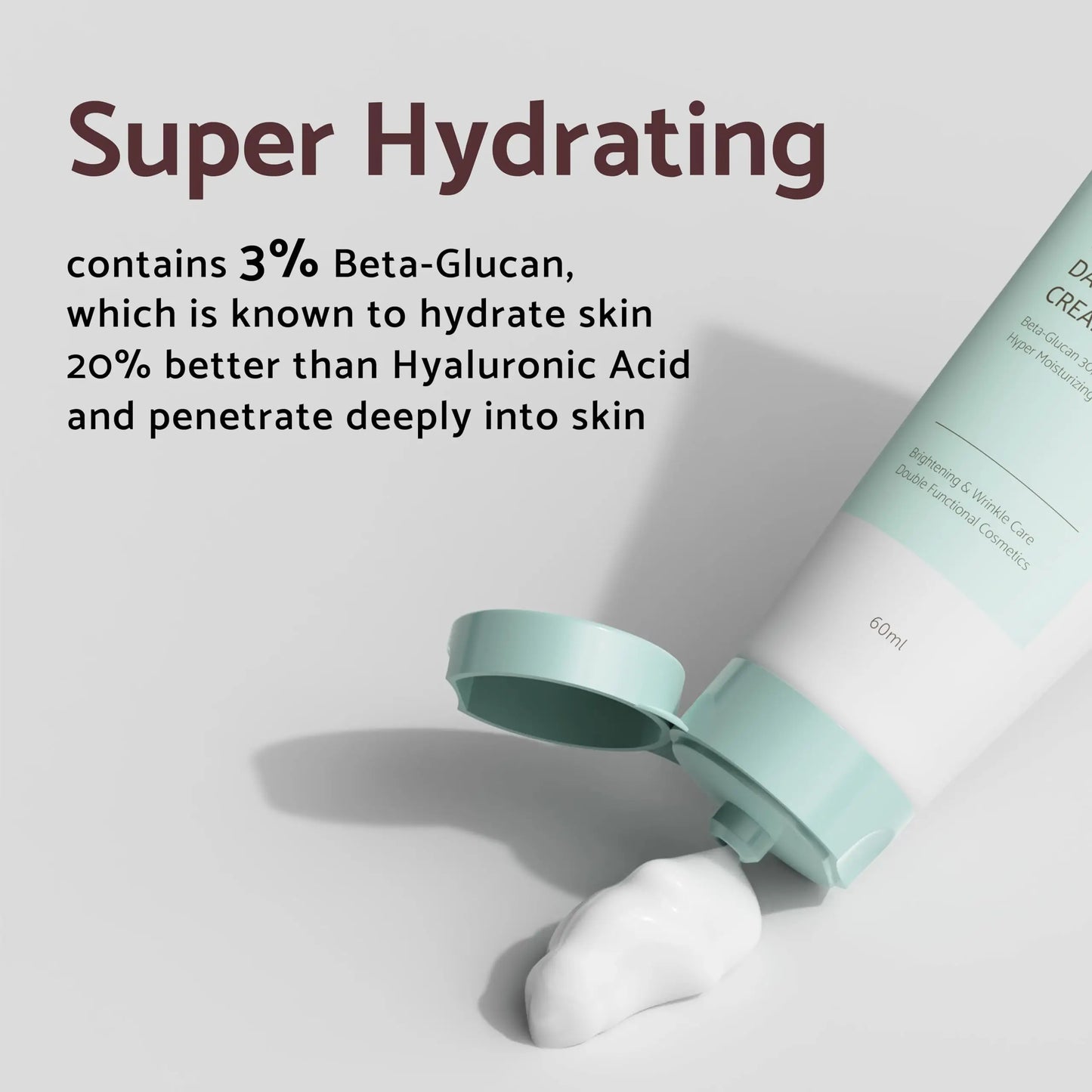 Close-up of an open light green tube dispensing cream with text highlighting super hydrating benefits containing 3% Beta-Glucan known to hydrate skin 20% better than Hyaluronic Acid, promoting deep skin penetration, related to iUNIK Centella Calming Daily Sunscreen 60ml + iUNIK Beta Glucan Power Moisture Serum 50ml.