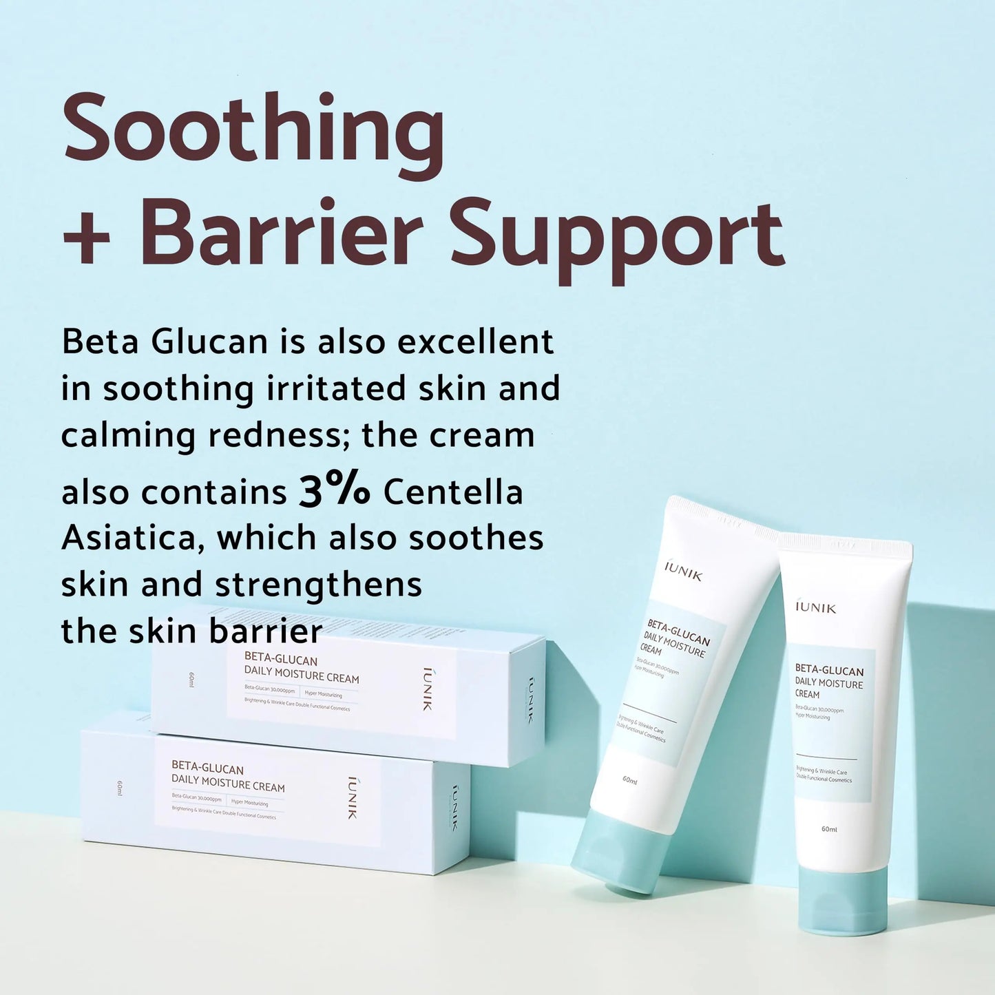 Image showing two tubes and two boxes of iUNIK Centella Calming Daily Sunscreen 60ml + iUNIK Beta Glucan Power Moisture Serum 50ml with text about soothing and barrier support benefits for irritated skin and redness.