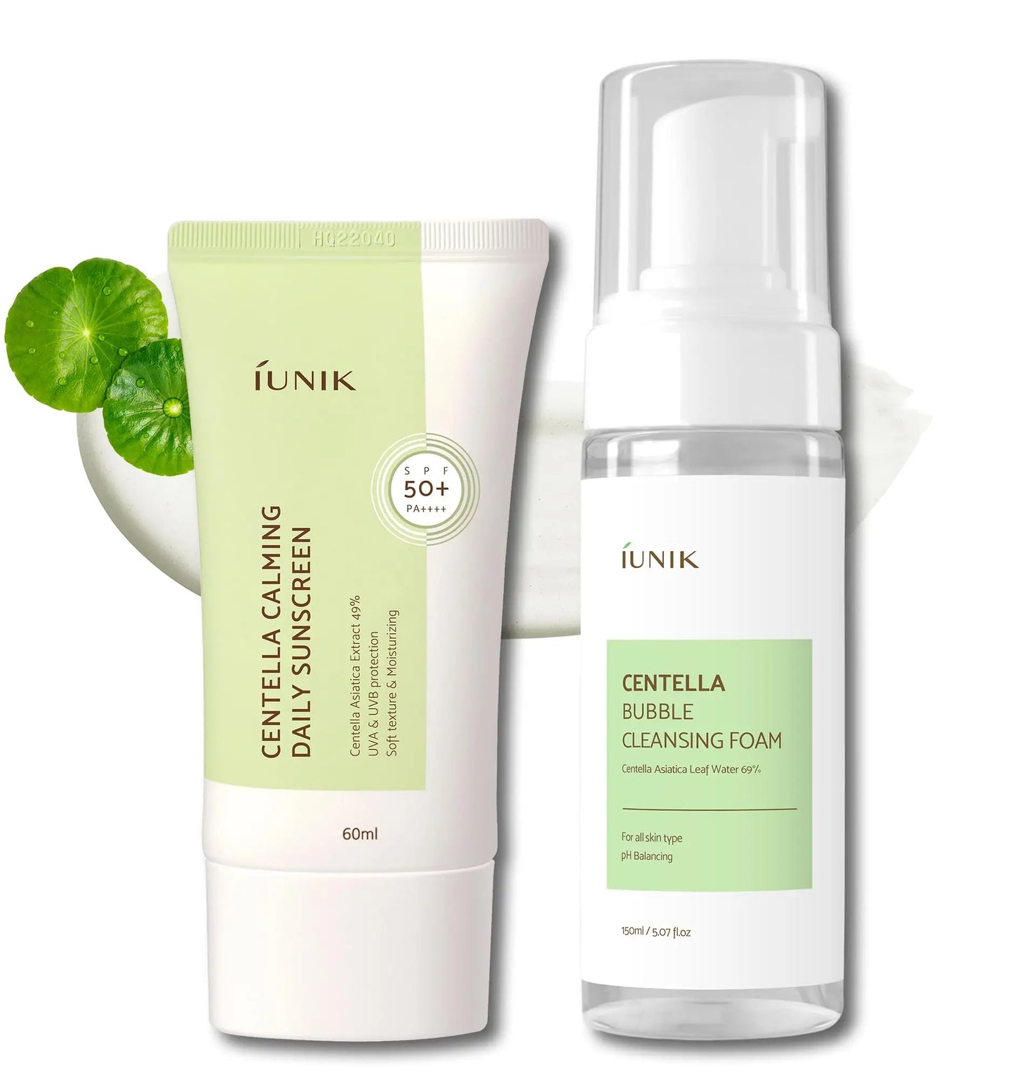 iUNIK Centella Calming Daily Sunscreen 60ml + iUNIK Centella Bubble Cleansing Foam, 150ml displayed with centella leaves, highlighting soothing skincare for sensitive skin.