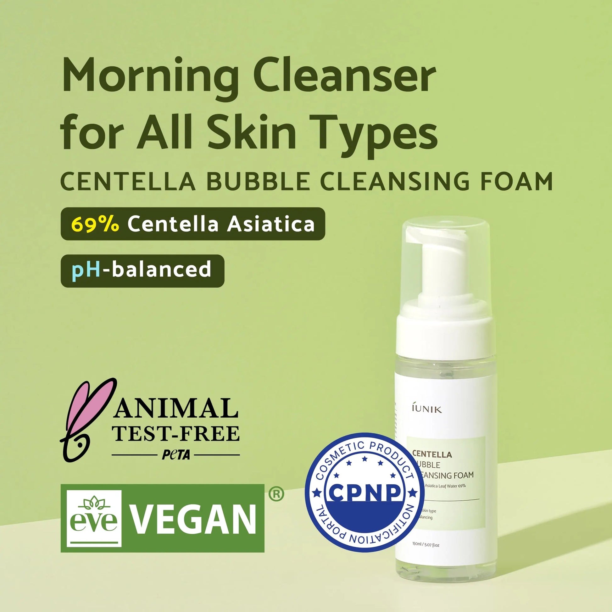iUNIK Centella Calming Daily Sunscreen 60ml + iUNIK Centella Bubble Cleansing Foam, 150ml displayed on green background with text highlighting morning cleanser for all skin types, 69% centella asiatica, pH-balanced, vegan and animal test-free certifications.