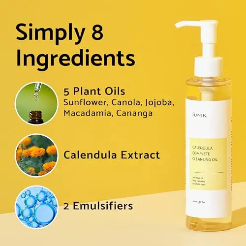 Bottle of iUNIK Calendula Complete Cleansing Oil with text highlighting its eight key ingredients including five plant oils, calendula extract, and two emulsifiers on a yellow background, part of the iUNIK Centella Calming Daily Sunscreen 60ml + iUNIK Calendula Complete Cleansing Oil, 200ml set.