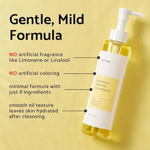 Clear bottle of iUNIK Calendula Complete Cleansing Oil with a white pump on a yellow background, highlighting its gentle, mild formula and minimal ingredients, part of iUNIK Centella Calming Daily Sunscreen 60ml + iUNIK Calendula Complete Cleansing Oil, 200ml set.