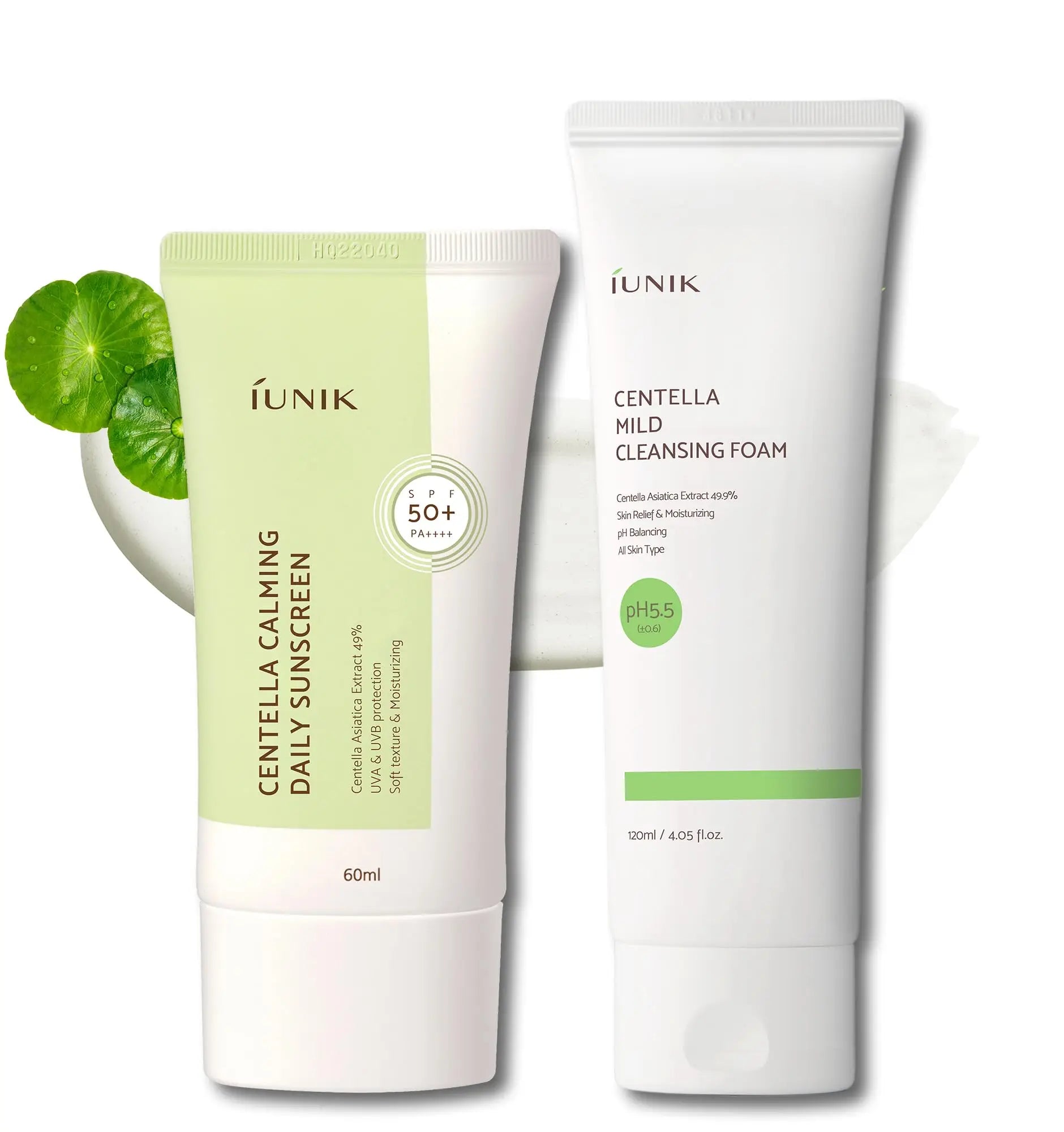iUNIK Centella Calming Daily Sunscreen 60ml + iUNIK Centella Mild Cleansing Foam, 120ml displayed with green centella leaves, highlighting gentle, pH balanced skincare for sensitive skin.